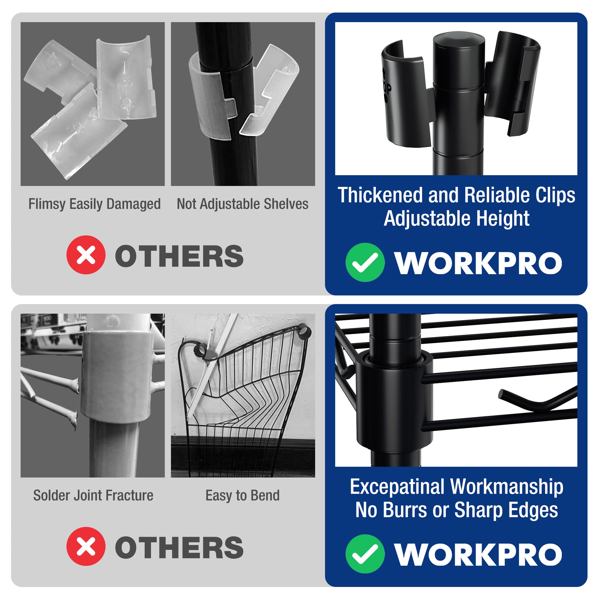 WORKPRO adjustable shelf height clips, shown as black connector pieces