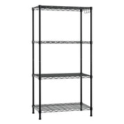 Empty 4-tier black metal storage shelf with wire mesh racks and corner legs