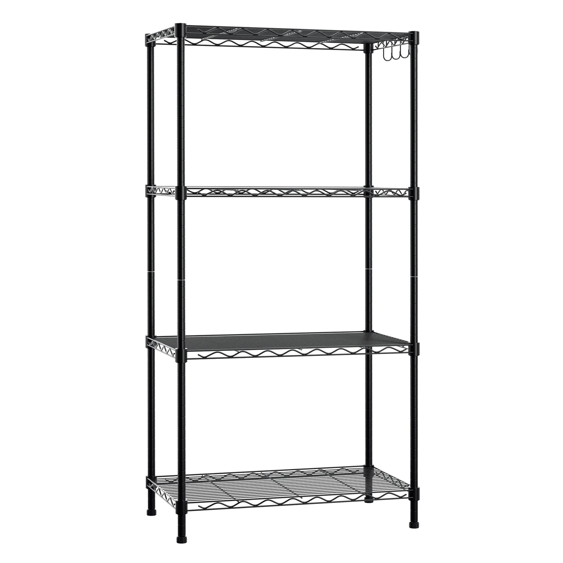 Empty 4-tier black metal storage shelf with wire mesh racks and corner legs