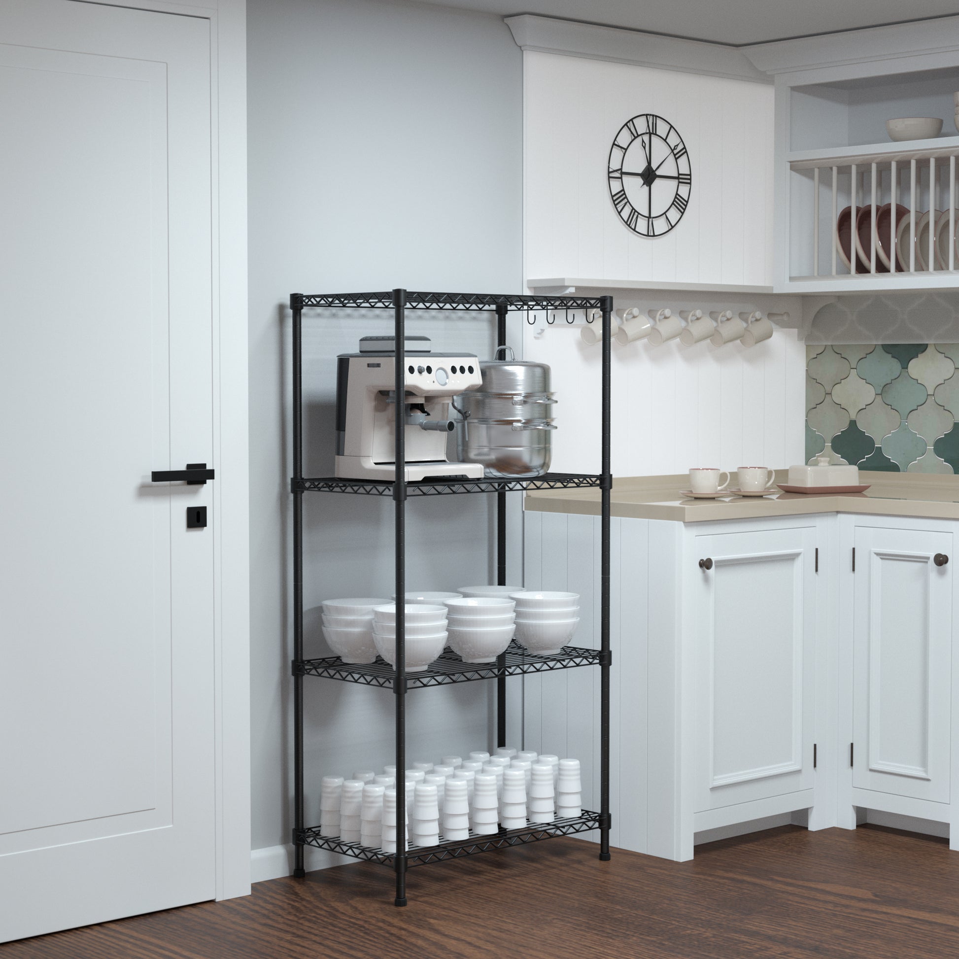4-tier black metal storage shelf with hooks, pantry display with cookware on wire racks