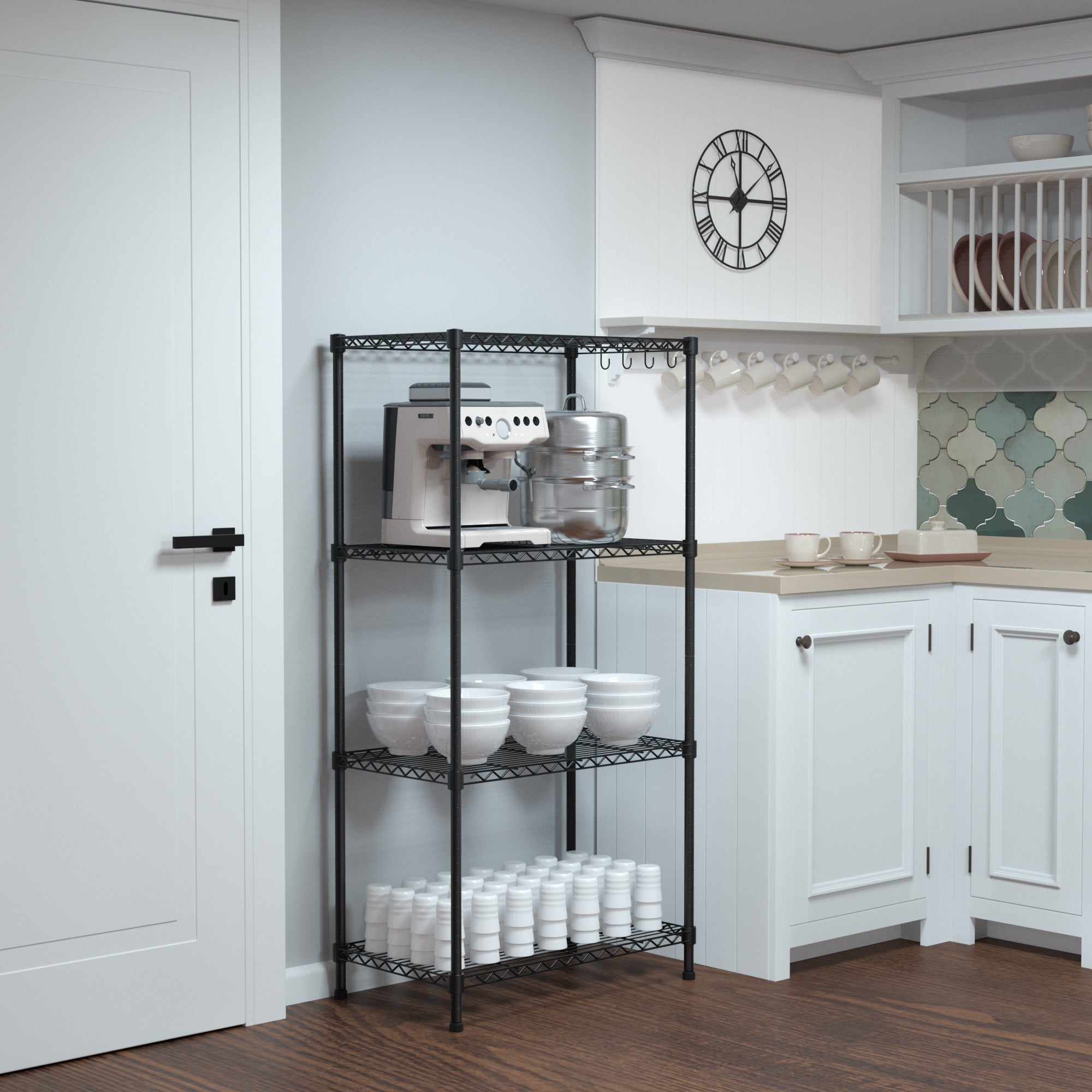 4-tier black metal storage shelf with hooks, pantry display with cookware on wire racks