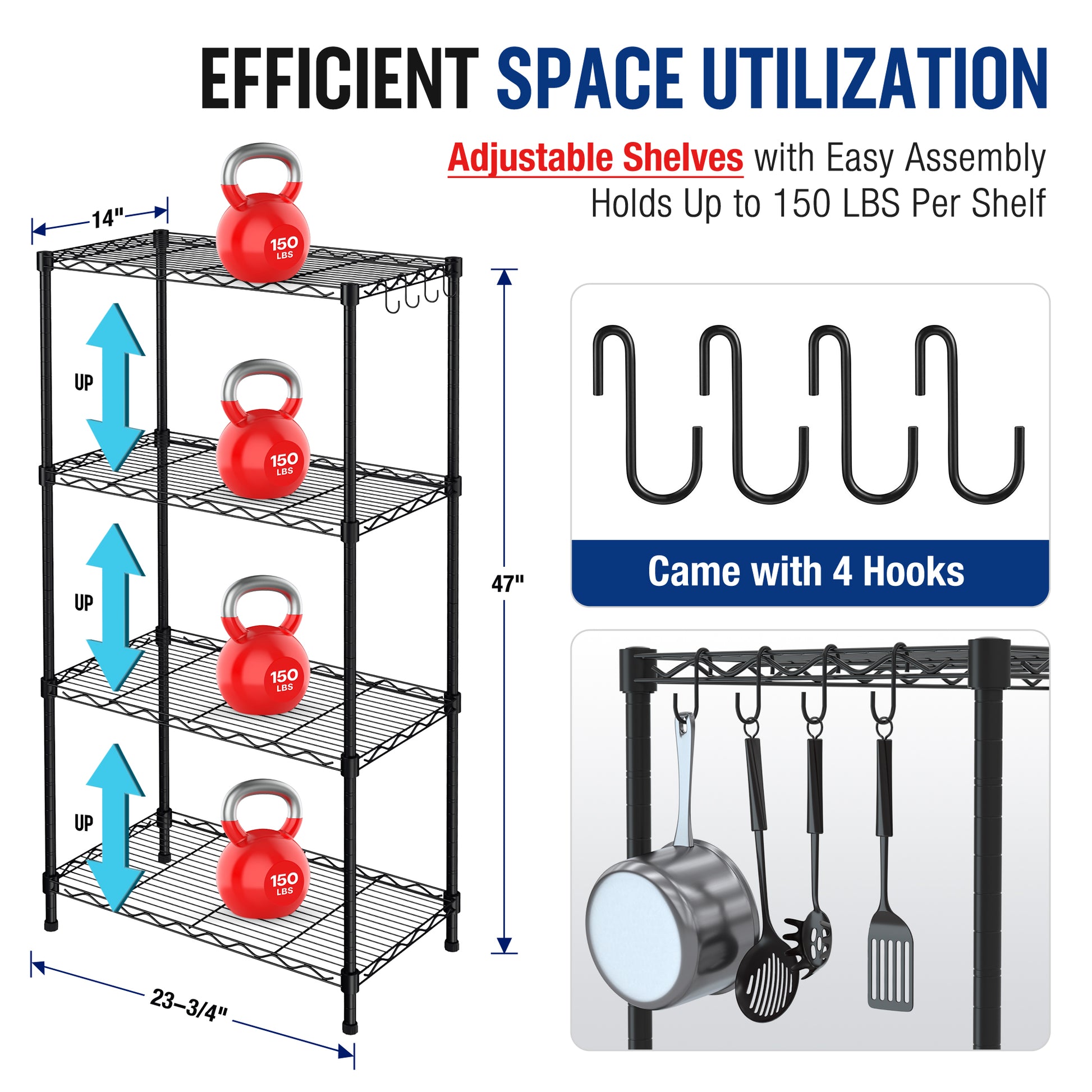 4-tier adjustable metal storage shelf with four hanging hooks for utensils