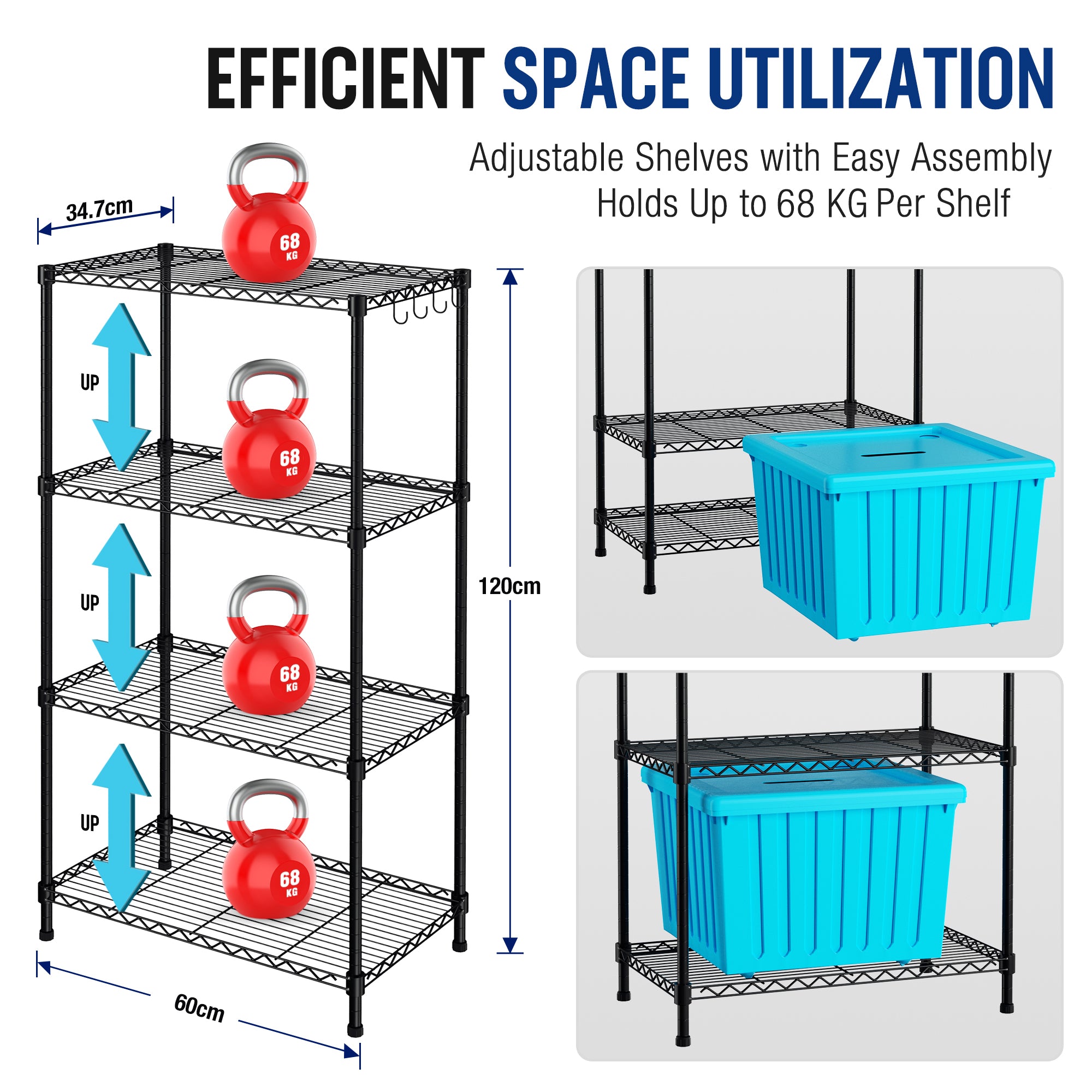 Adjustable 4-tier black metal storage shelf with hooks and blue storage bin