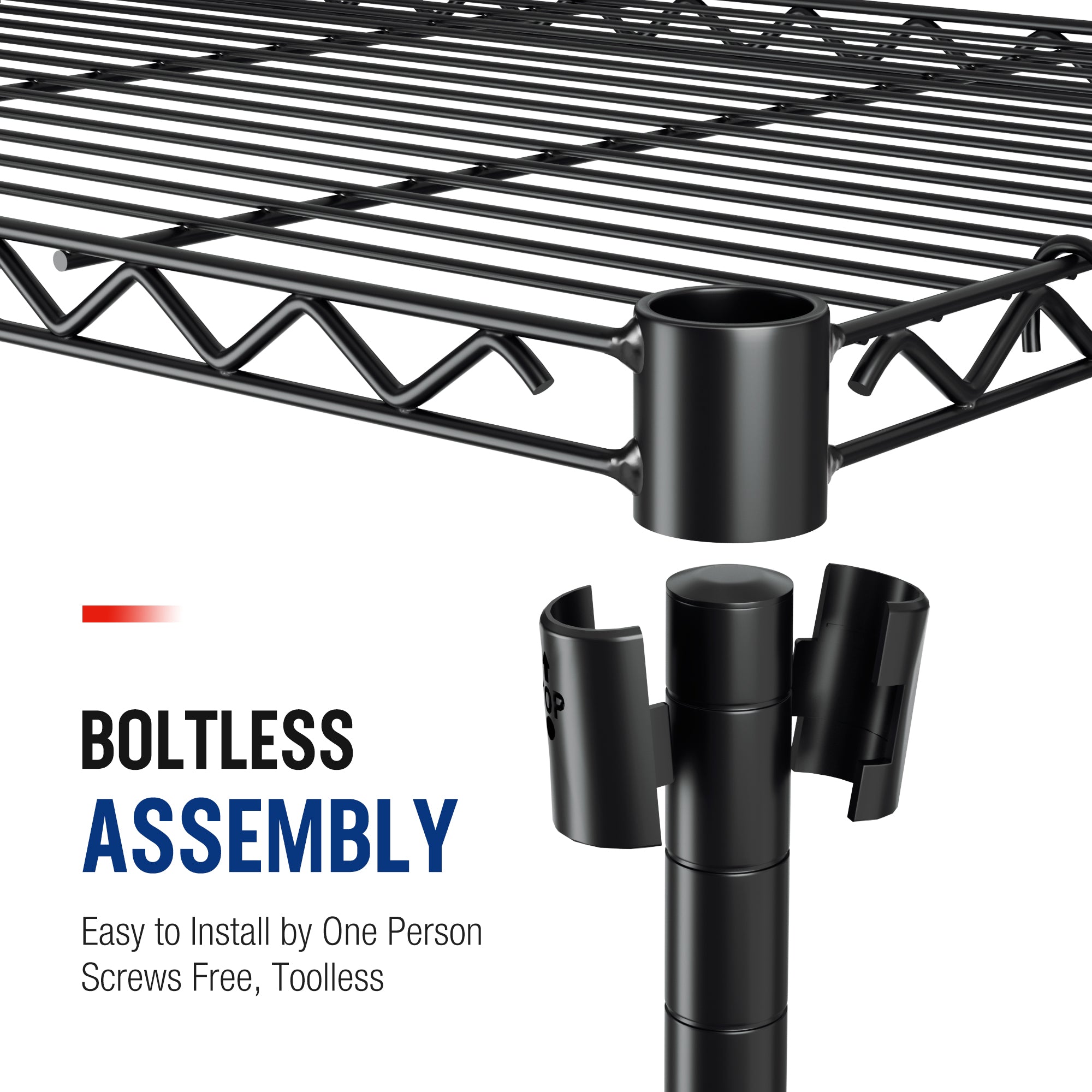 Black metal shelf assembly clips for adjustable, screw-free setup