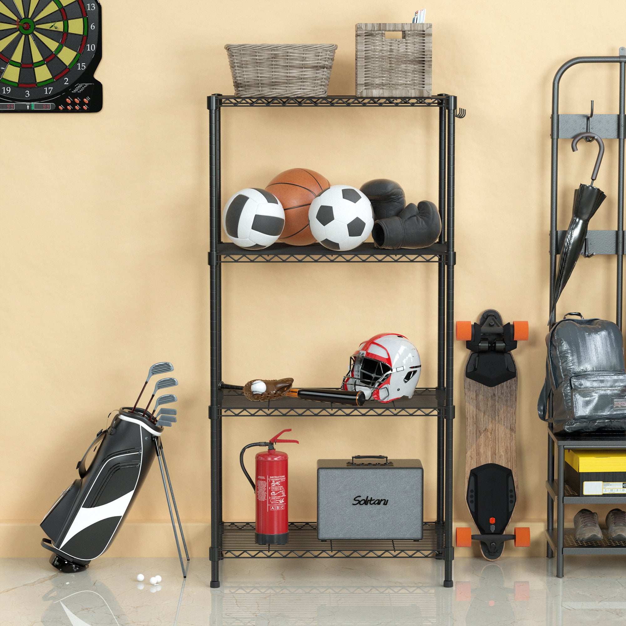 4-tier black metal storage shelf with hooks, holding sports balls and kitchen items