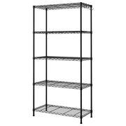 Black 5-tier metal wire storage shelving unit with open sides and adjustable shelves