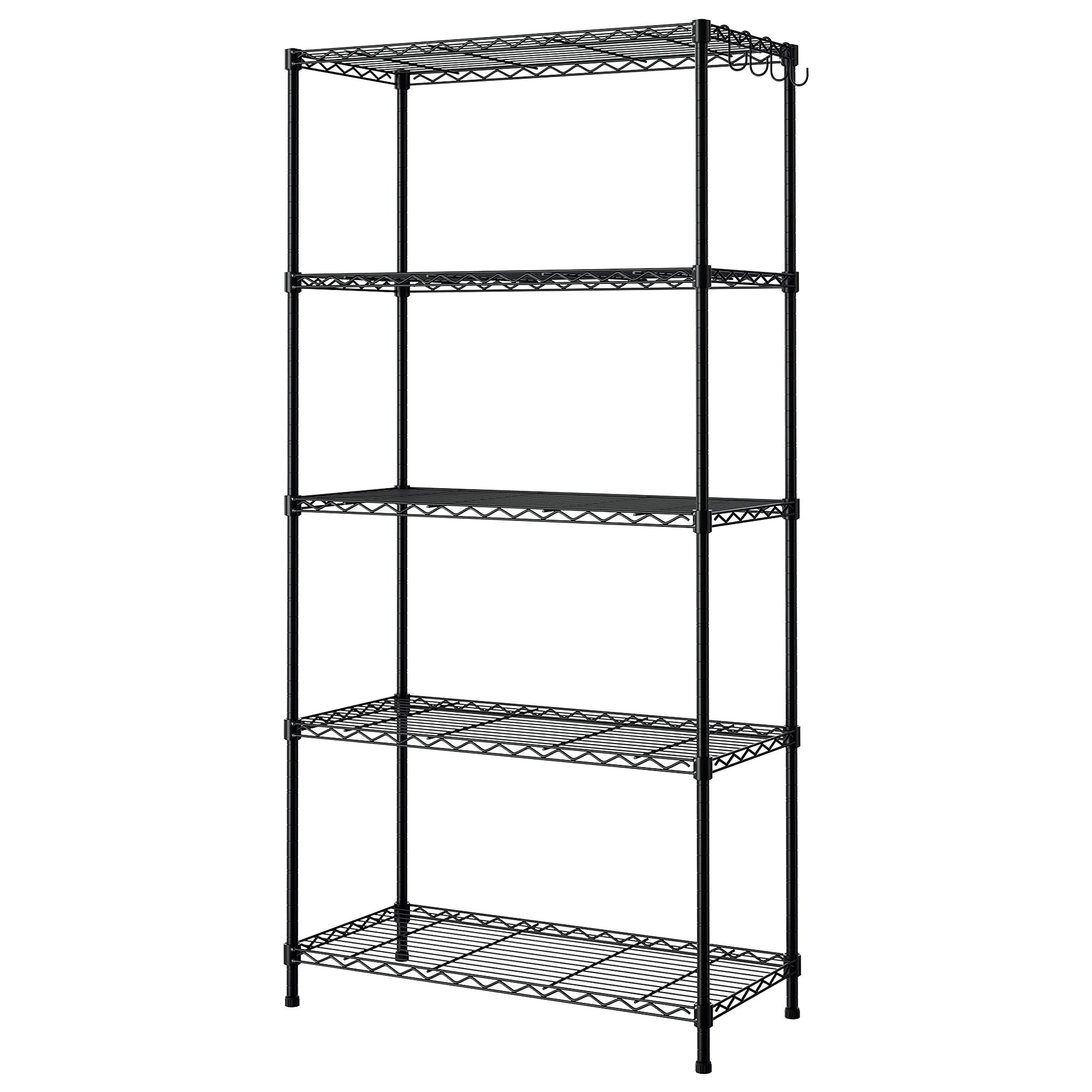 Black 5-tier metal wire storage shelving unit with open sides and adjustable shelves