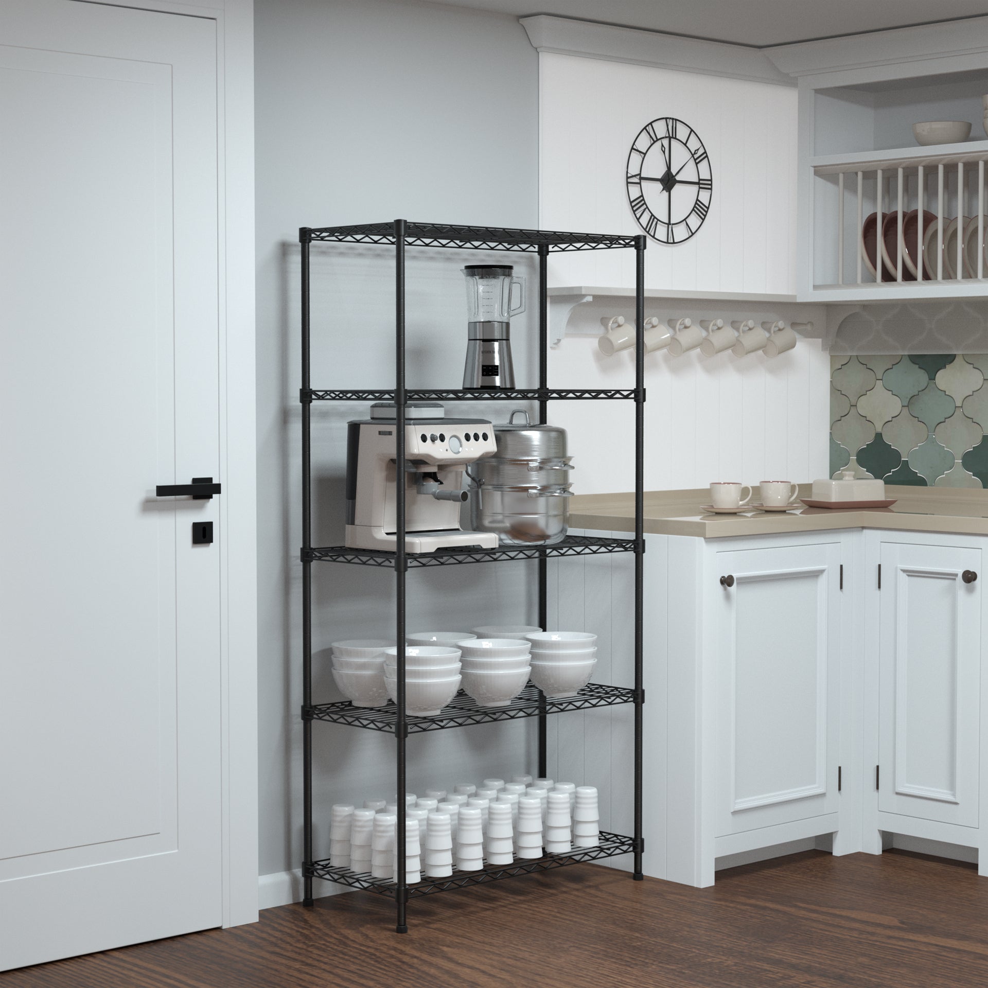 Black 5-tier wire shelving unit with top rail and multiple open shelves in pantry