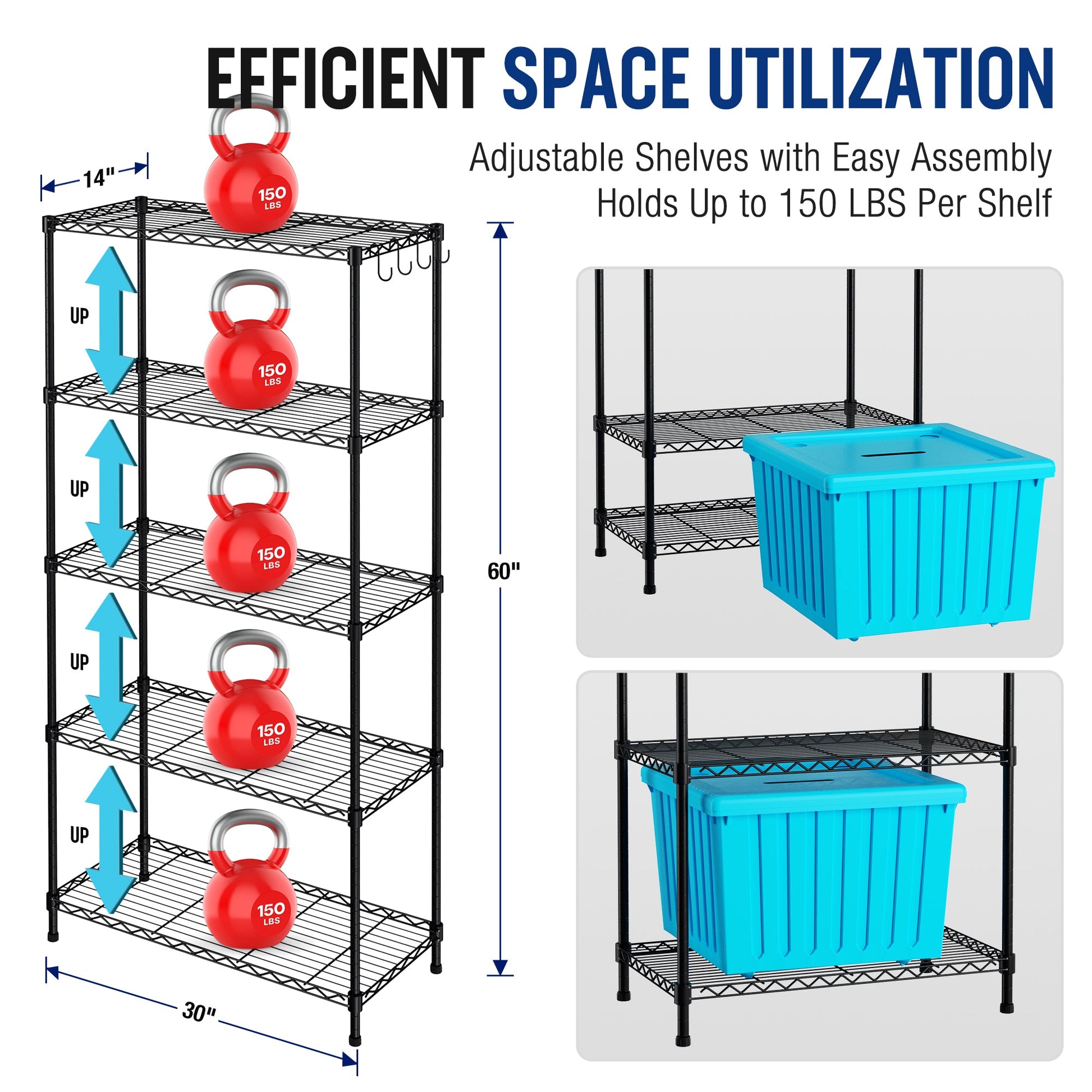 Black wire shelving unit holding a blue plastic storage bin on a lower shelf