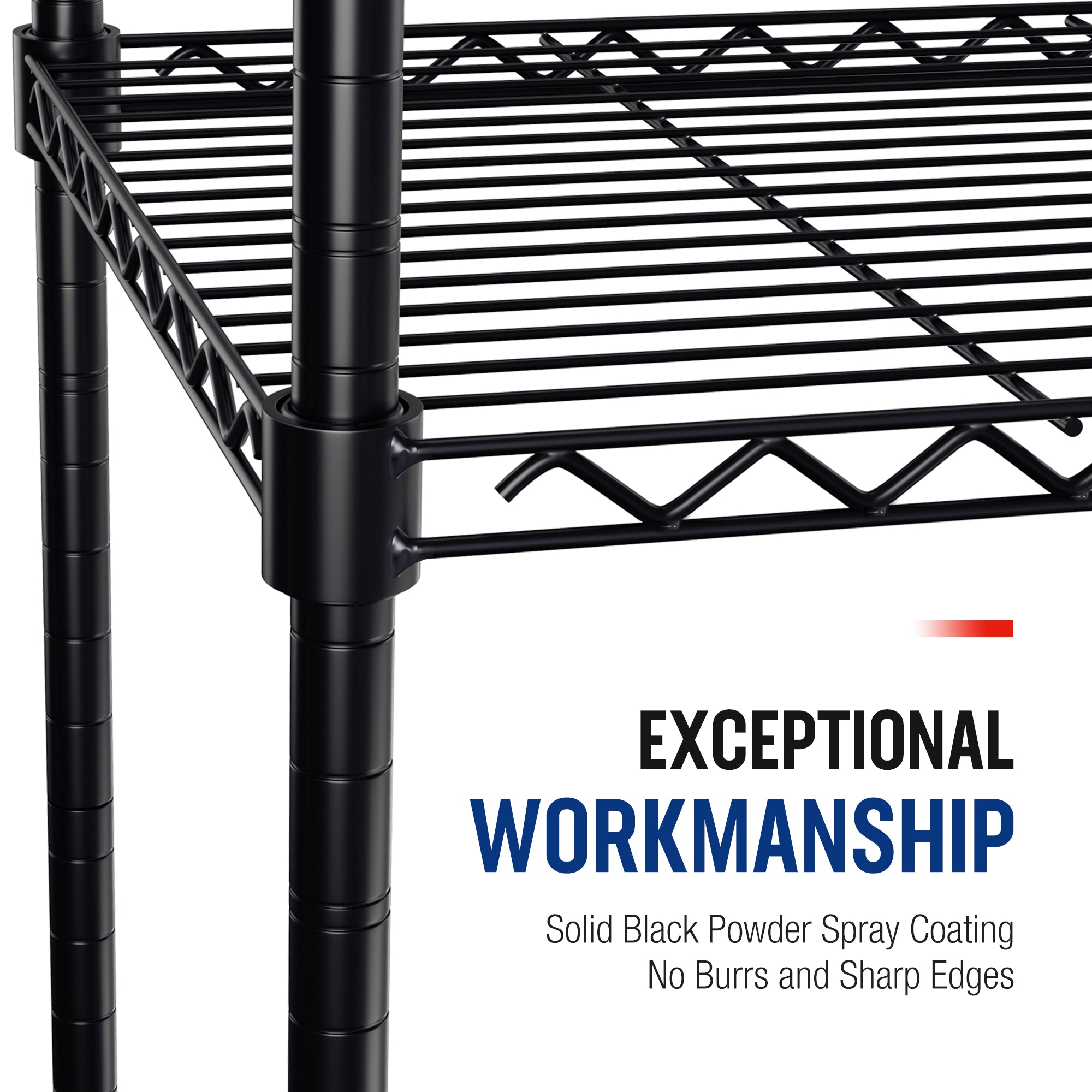 Black powder-coated metal legs and corner wire support detail