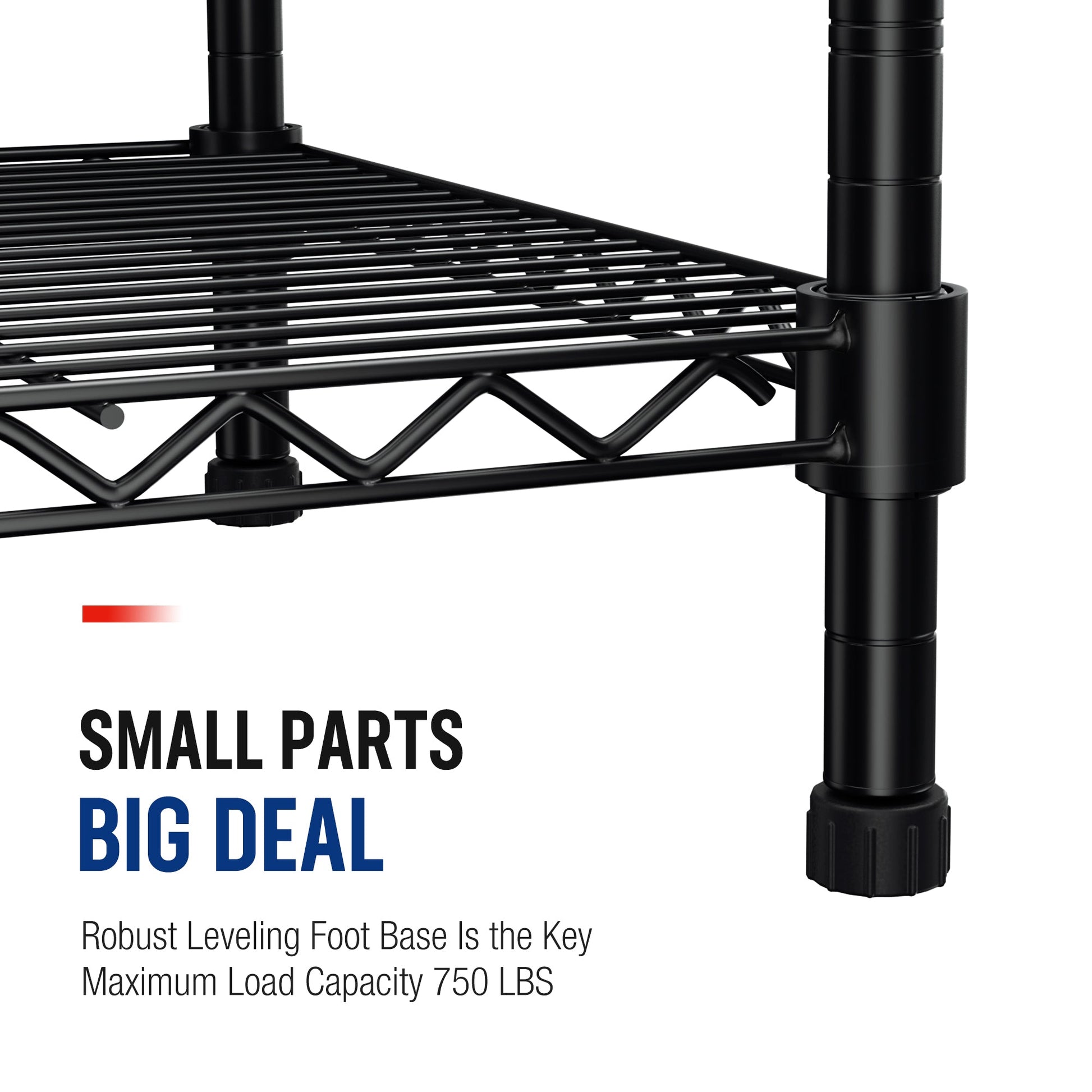Black adjustable leveling foot and wire shelf edge corner detail