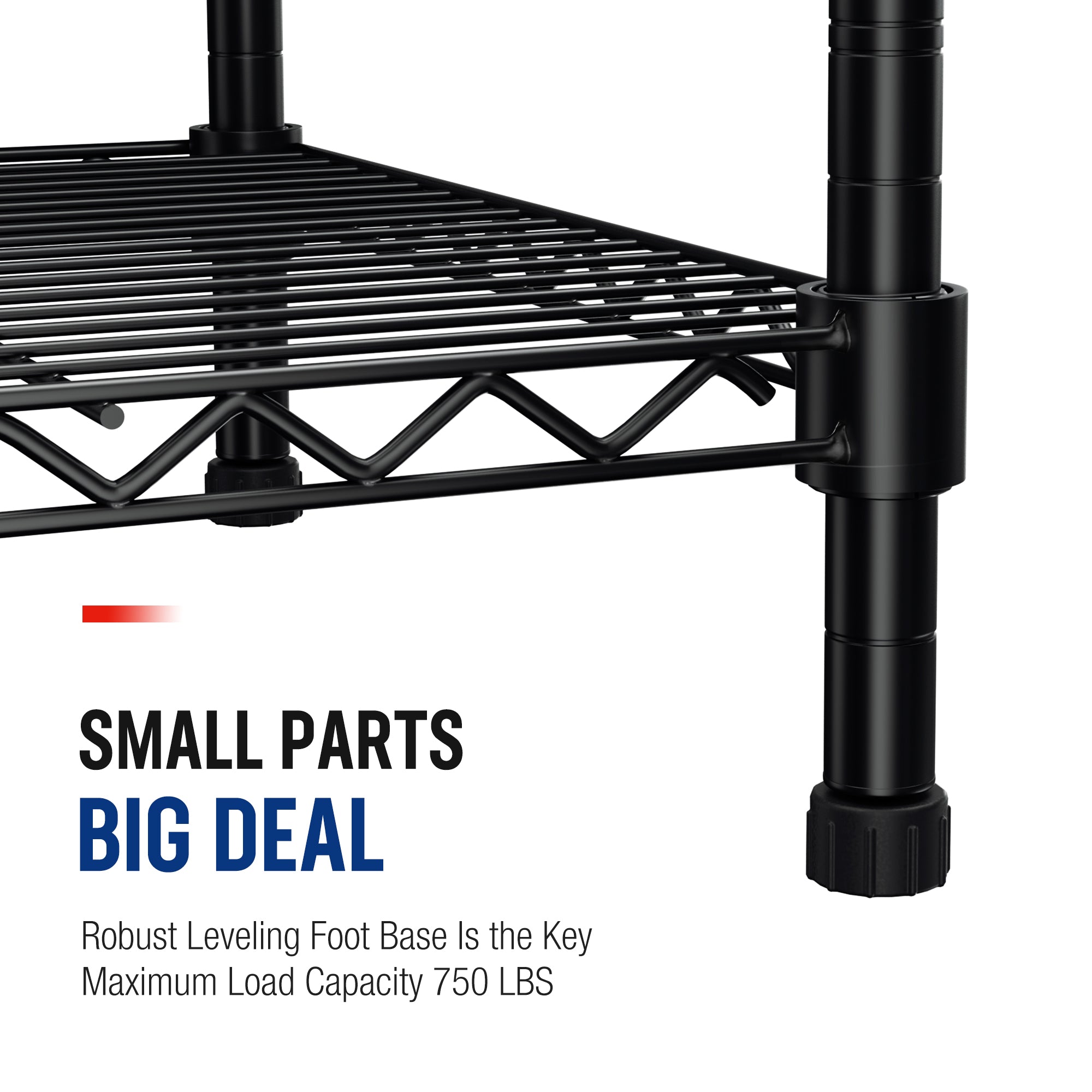 Black adjustable leveling foot and wire shelf edge corner detail