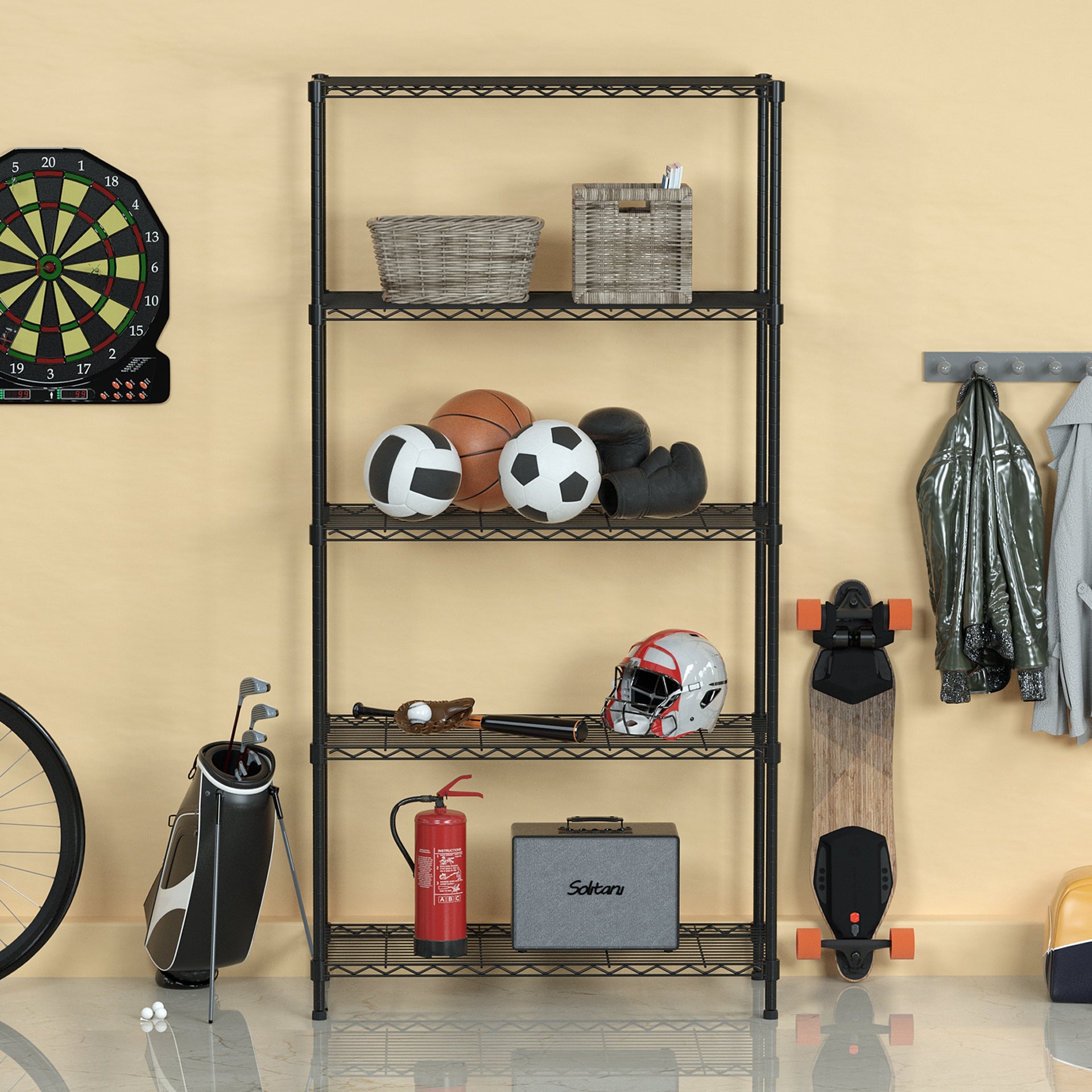 Black 5-tier wire shelving unit with sports balls, storage bins, and hanging items