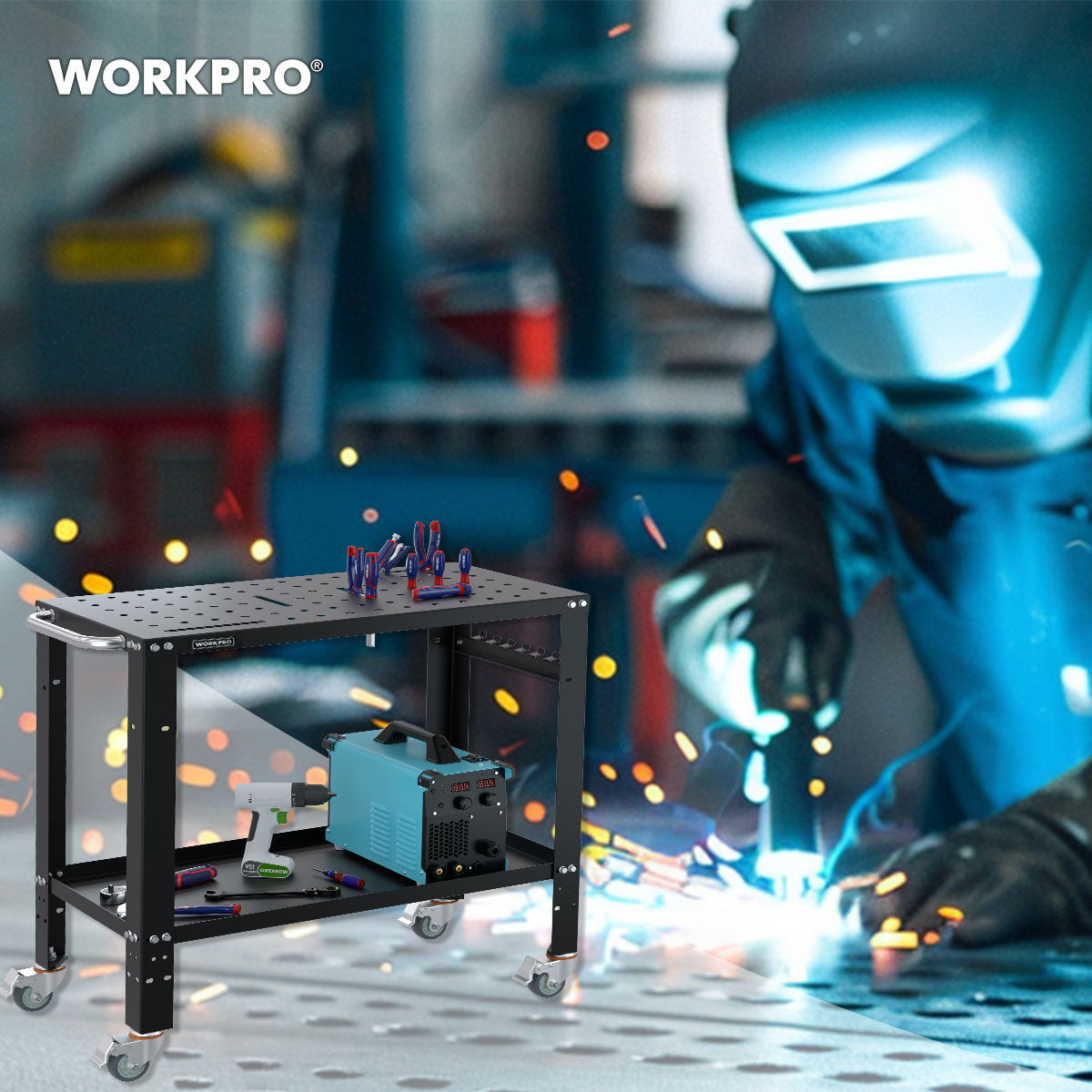 WORKPRO welding table with perforated top, curved handle, and four caster wheels