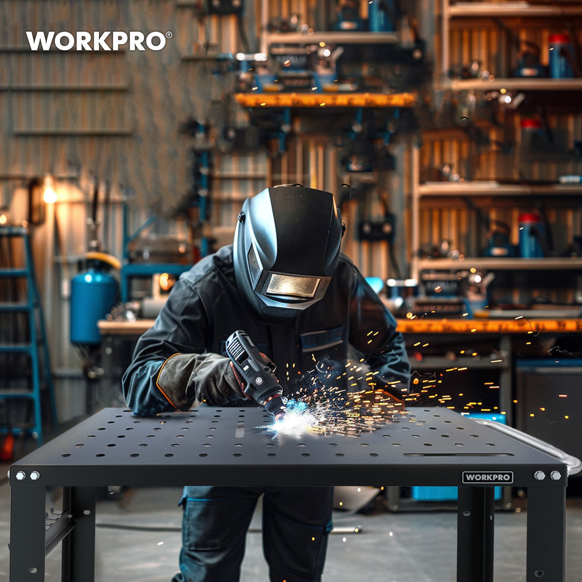 Welding table with perforated tabletop and sturdy frame with four corner casters