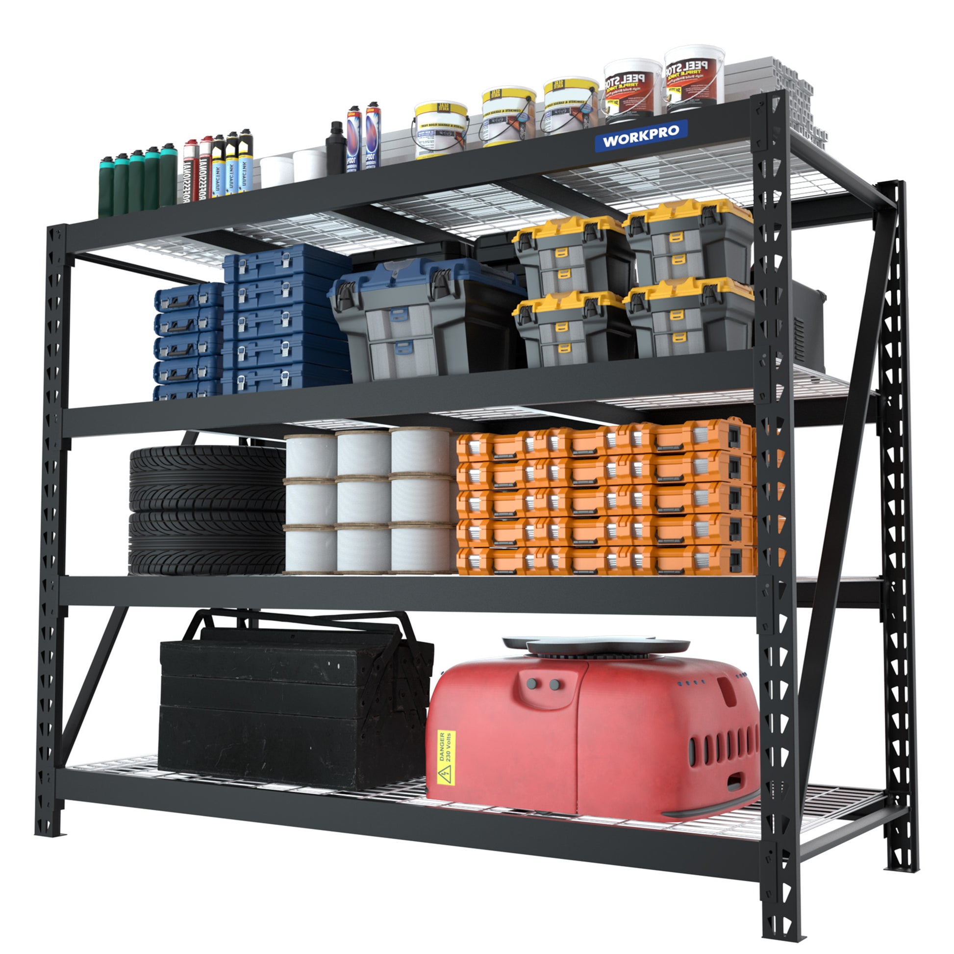 Black metal garage shelving unit, four-tier frame with adjustable metal shelves