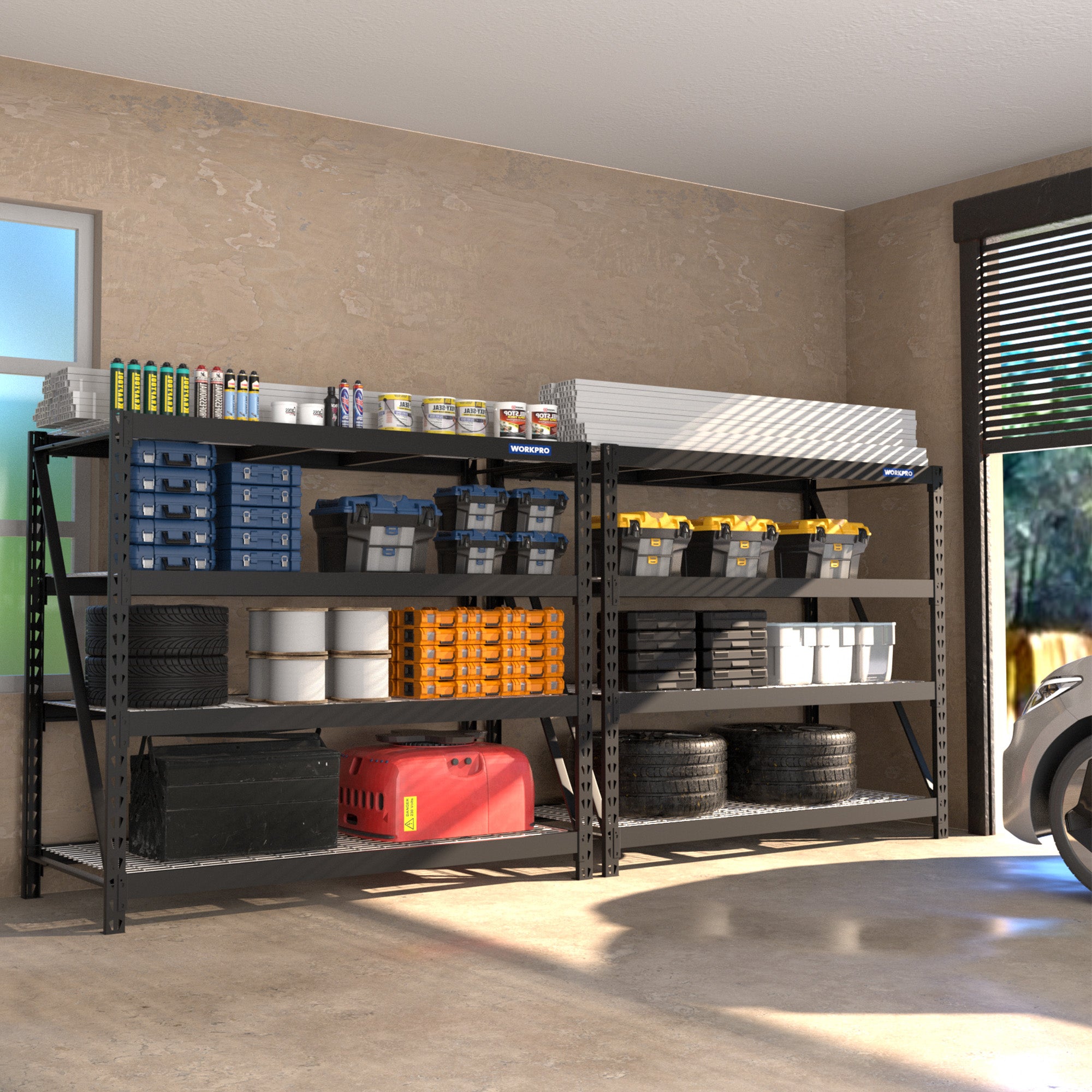 4-tier metal garage shelving unit with stored bins, tires, and tools