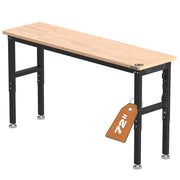 Adjustable hardwood workbench with black steel frame and smooth wood tabletop