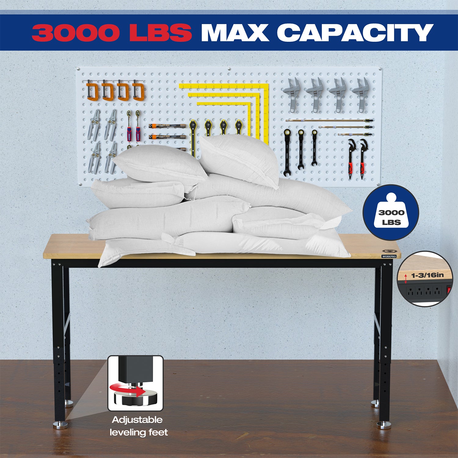 Adjustable workbench with black steel legs supporting stacked items on the wood top