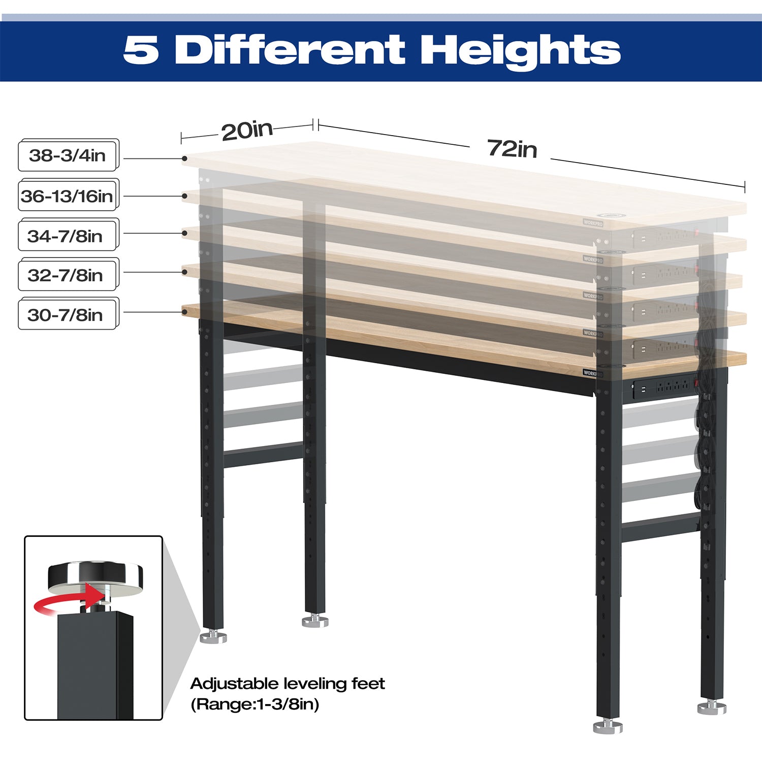 Height-adjustable workbench with five height settings and adjustable leveling feet