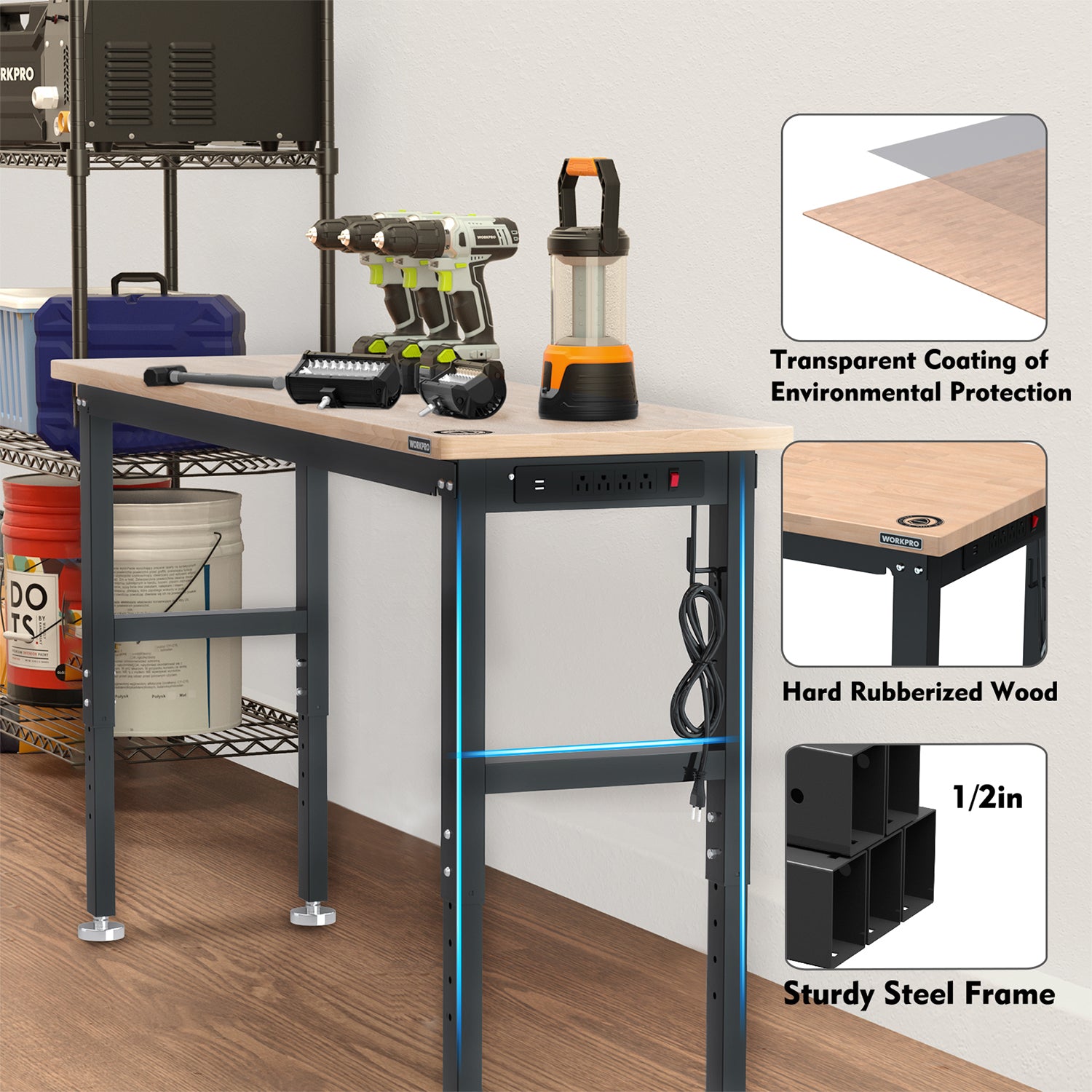 Adjustable workbench with power outlets, lower shelf, and hard rubberized wood top