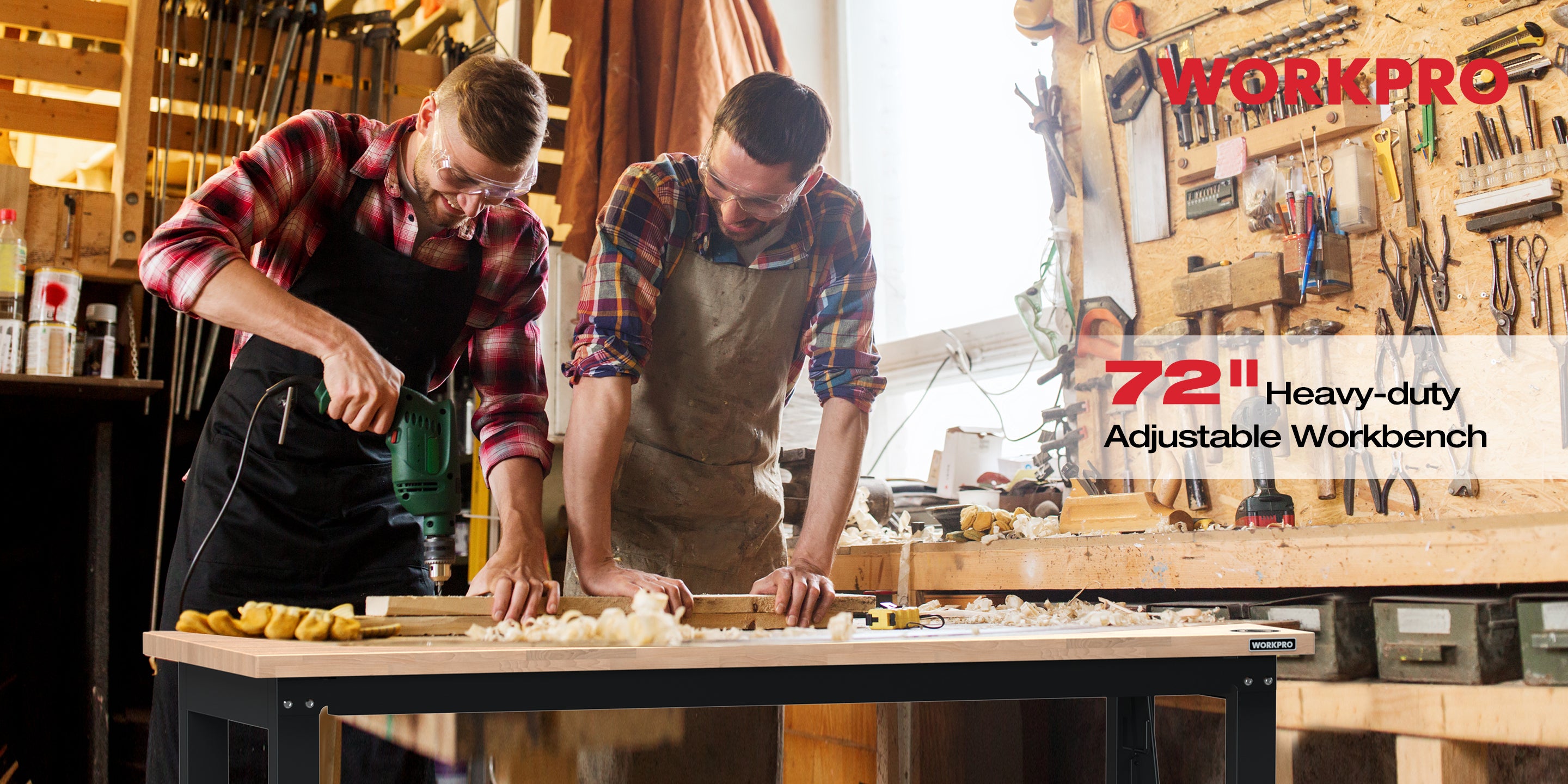 Two people woodworking in a workshop, using a power drill and a workbench with tools and sawdust