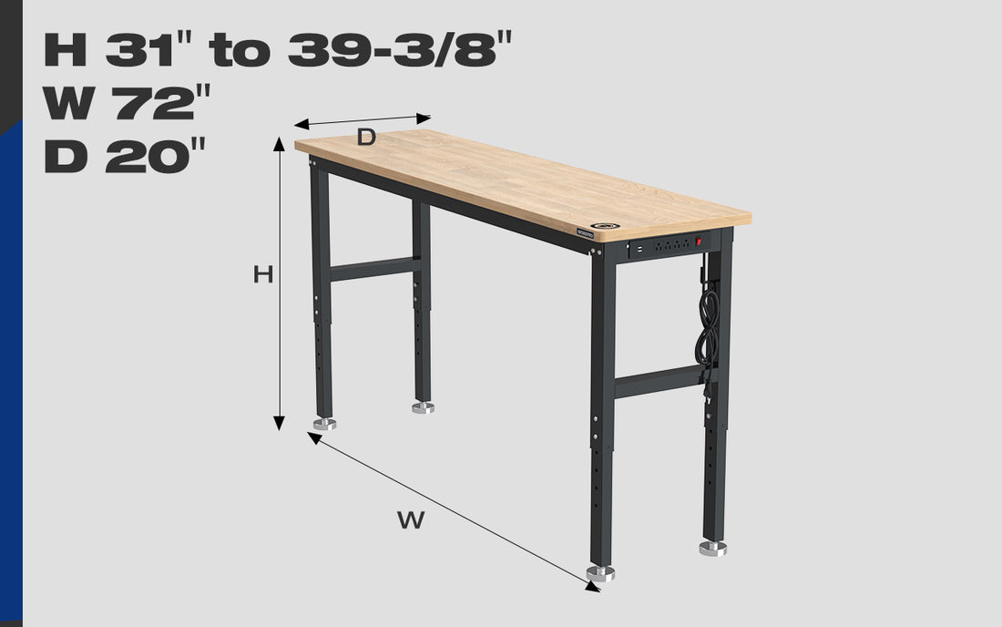 Workbench drawing with black metal frame and light wood top, measurements H 31 to 39 38 W 72 D 20