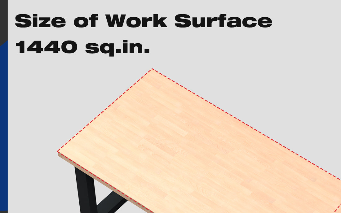 Work surface diagram with red outline showing light wood texture and Size of Work Surface 1440 sq.in.