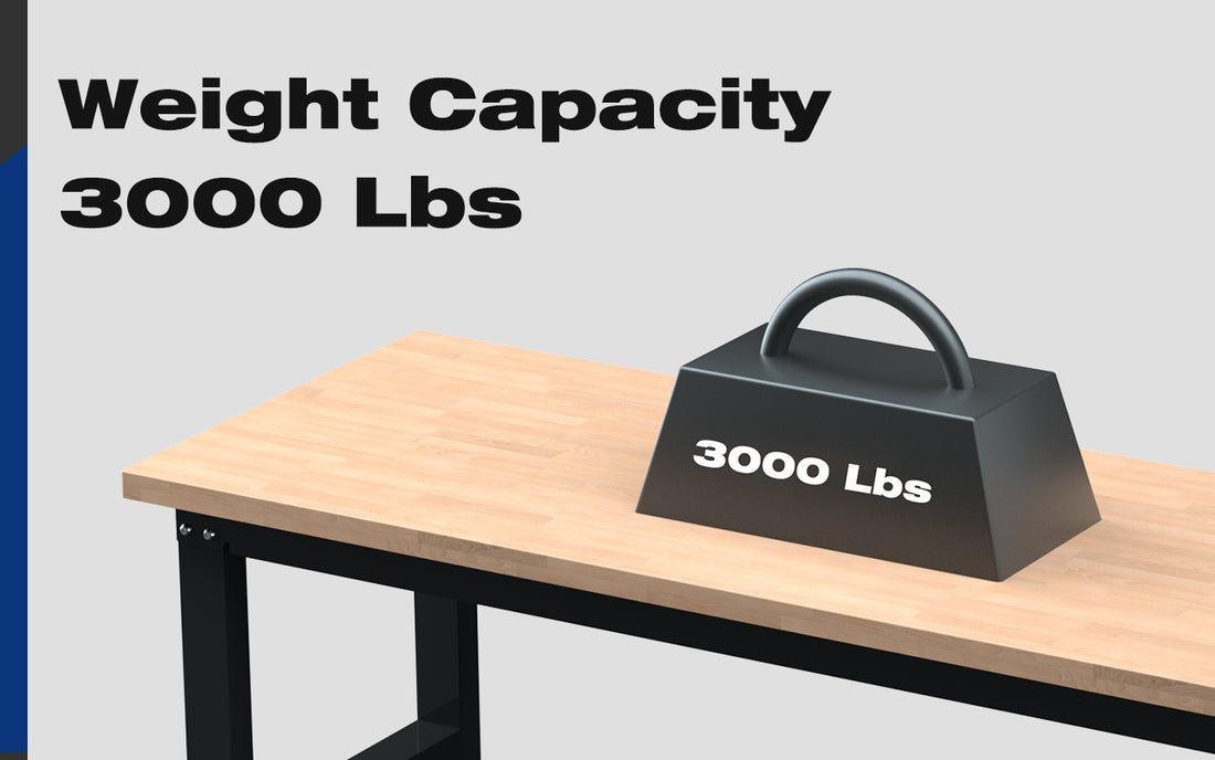 Black weight capacity stand with 3000 Lbs label and handle on light wood bench, innovation and quality shown