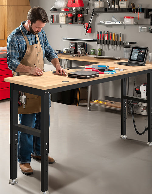 Man working at a workshop bench with tools and innovation focused quality craft supplies on a tidy table