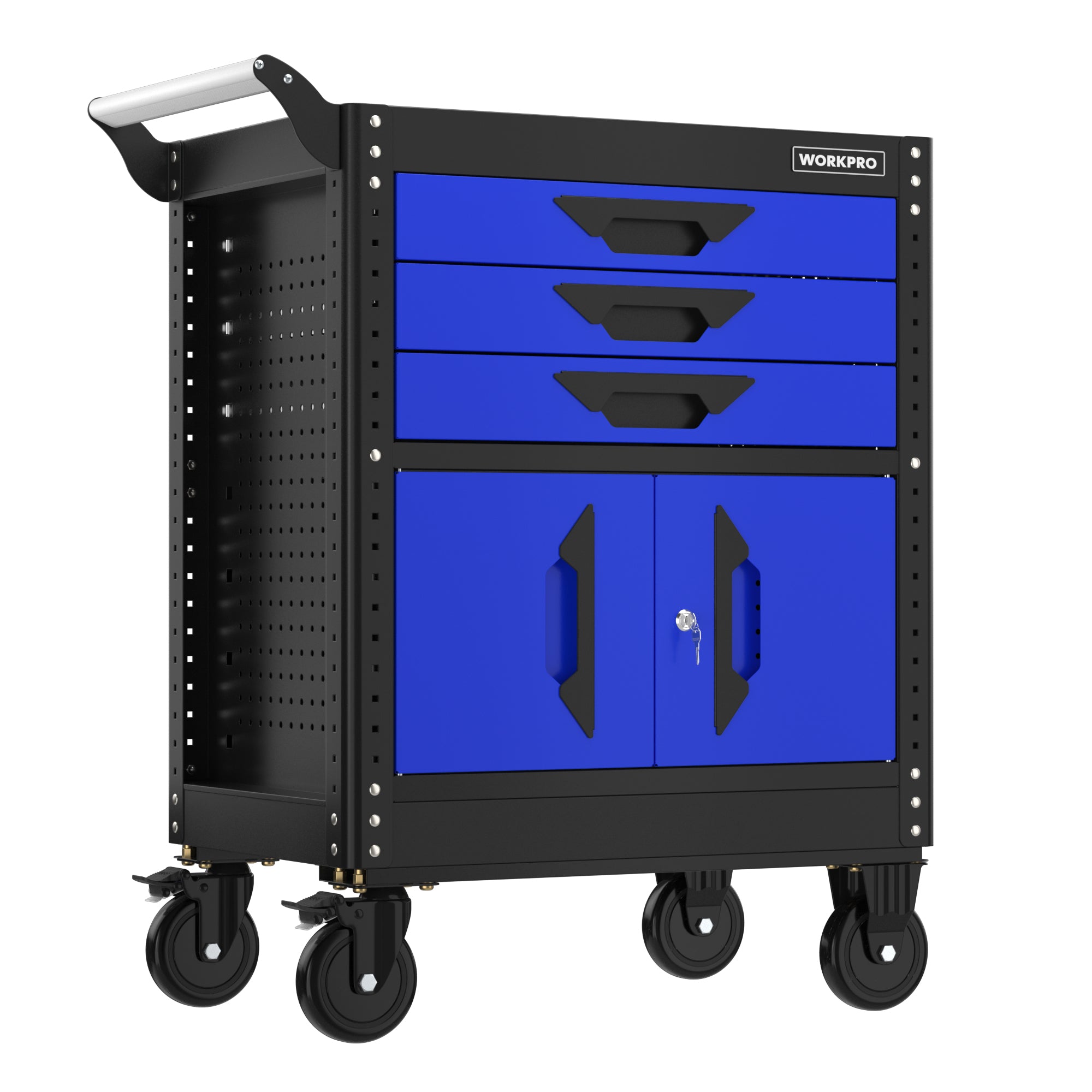 WORKPRO 27.5 inch 3-Drawer Rolling Tool Chest with Wheels in black and blue, innovation quality