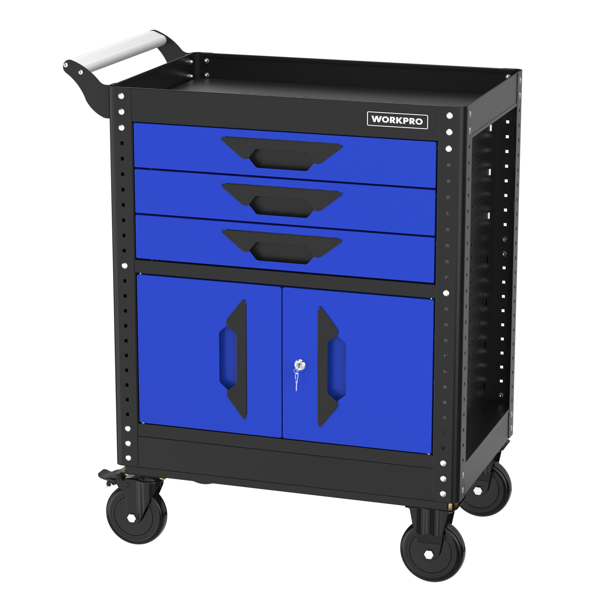 WORKPRO 27.5 in rolling tool chest with three drawers, cabinet doors, and front casters