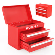 WORKPRO Mini Metal Tool Box with 2 Drawers and Top Storage in red with secure magnetic catch