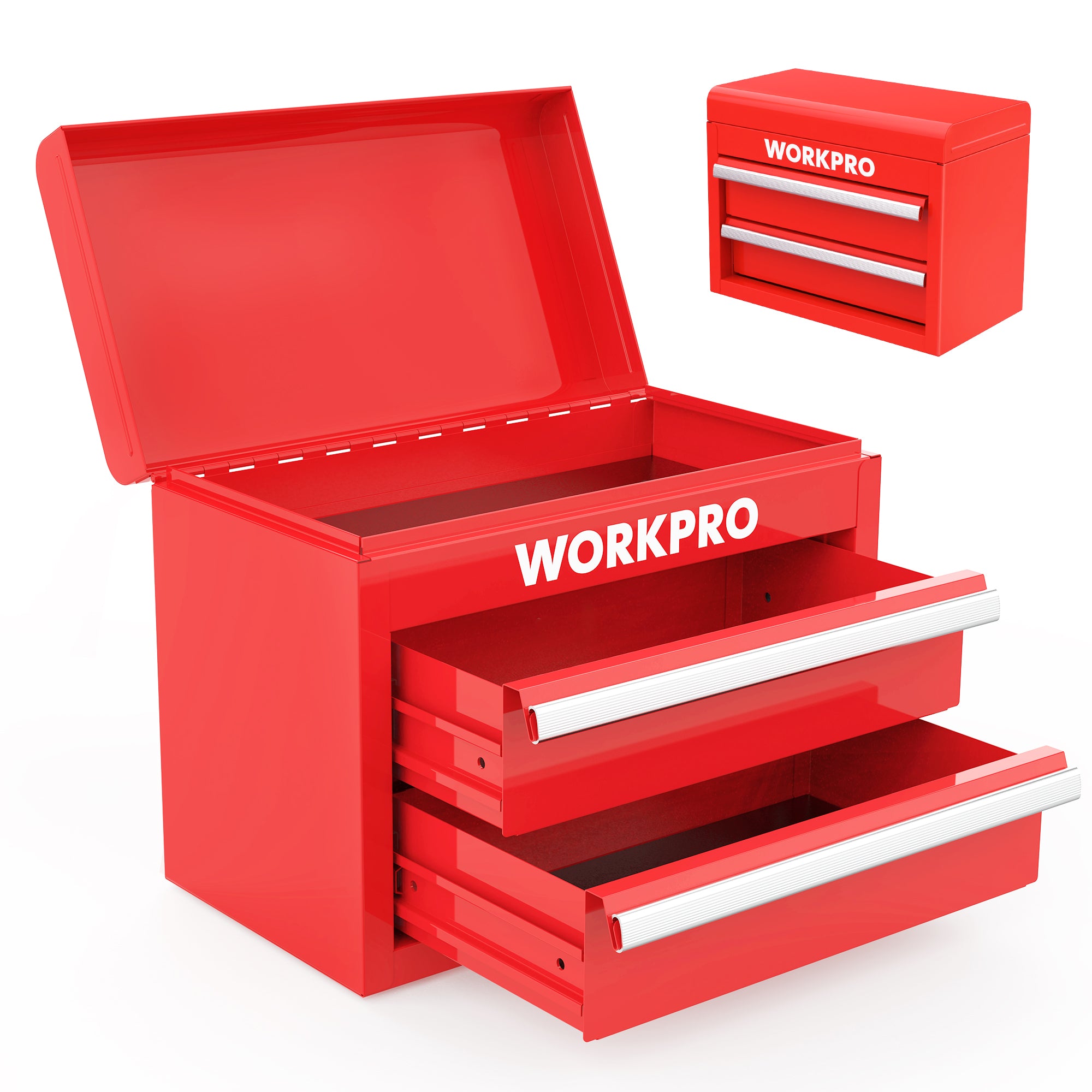 WORKPRO Mini Metal Tool Box with 2 Drawers and Top Storage, Red