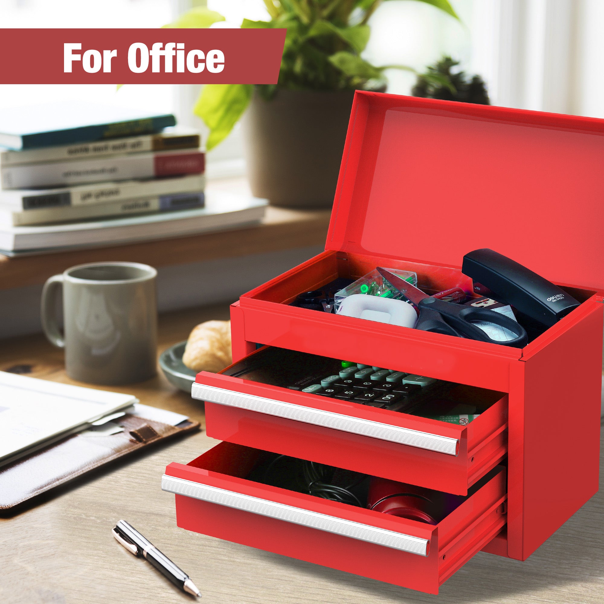 WORKPRO Mini Metal Tool Box with 2 Drawers and Top Storage in red, innovation quality and secure magnetic catch