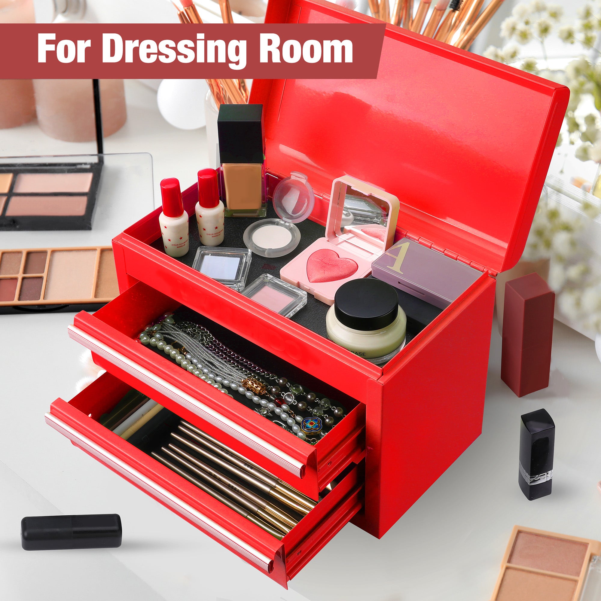 WORKPRO Mini Metal Tool Box with 2 Drawers and Top Storage, red, innovation quality and secure magnetic catch