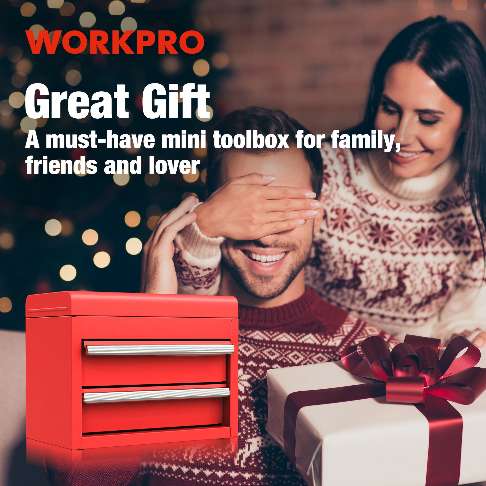 WORKPRO Mini Metal Tool Box with 2 Drawers and Top Storage, red with magnetic catch for secure closure
