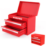 Red mini metal toolbox with two drawers and top storage compartment