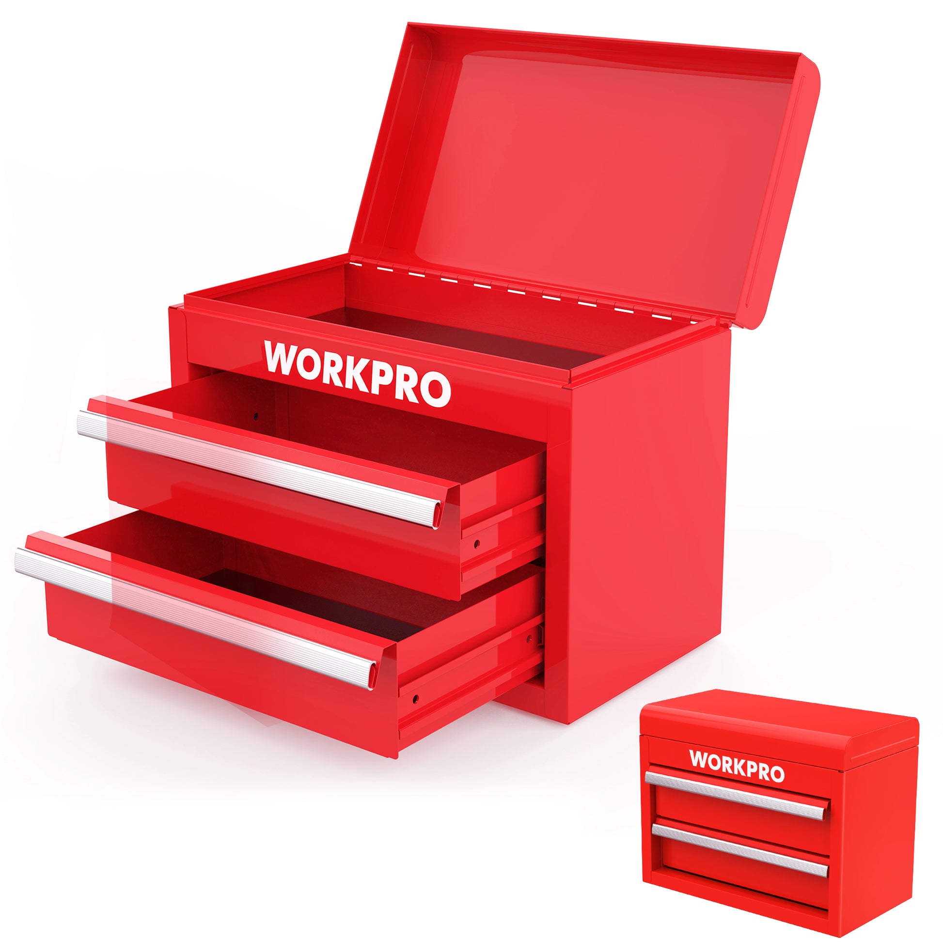 Red mini metal toolbox with two drawers and top storage compartment