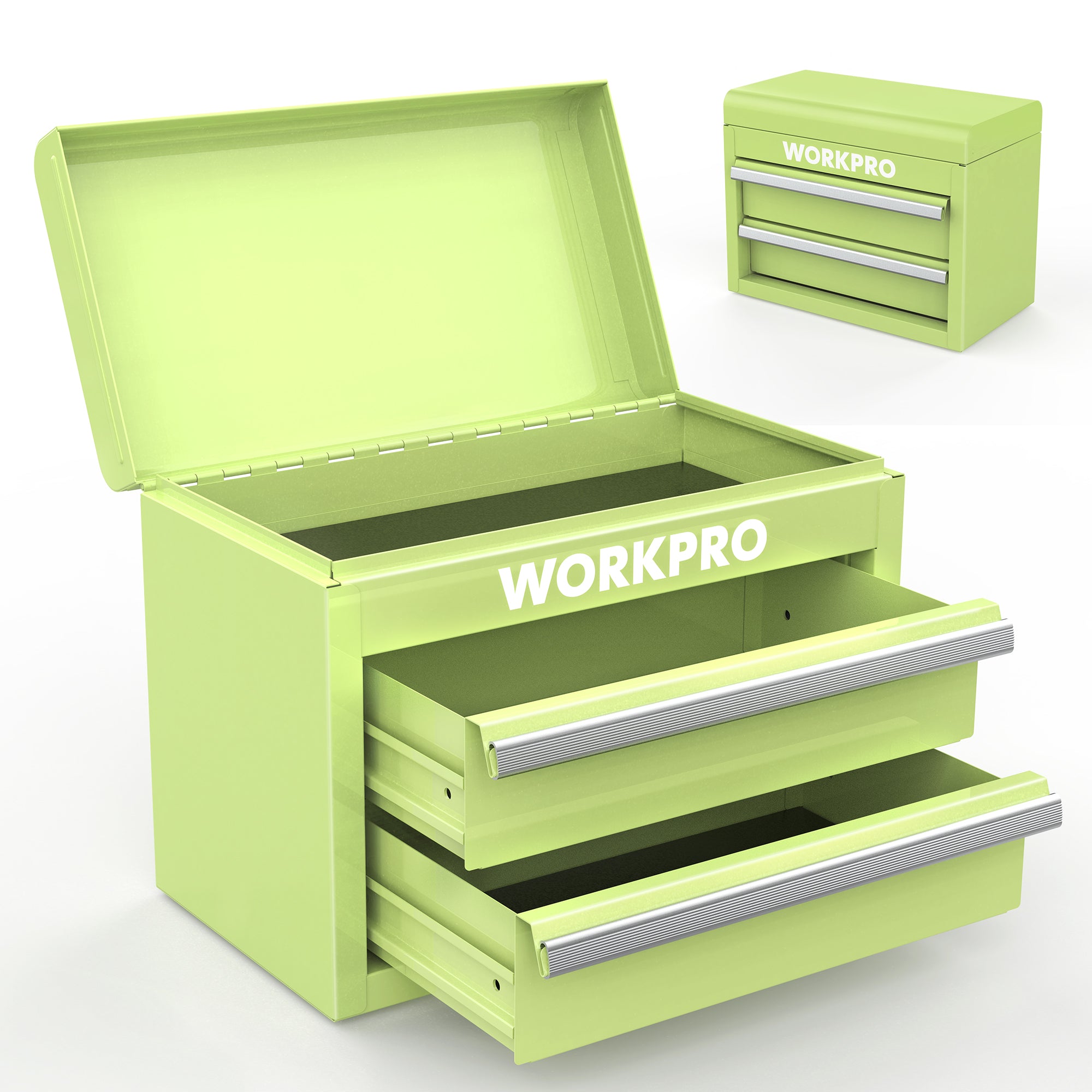 WORKPRO Mini Metal Tool Box with 2 Drawers and Top Storage, Macaron Green