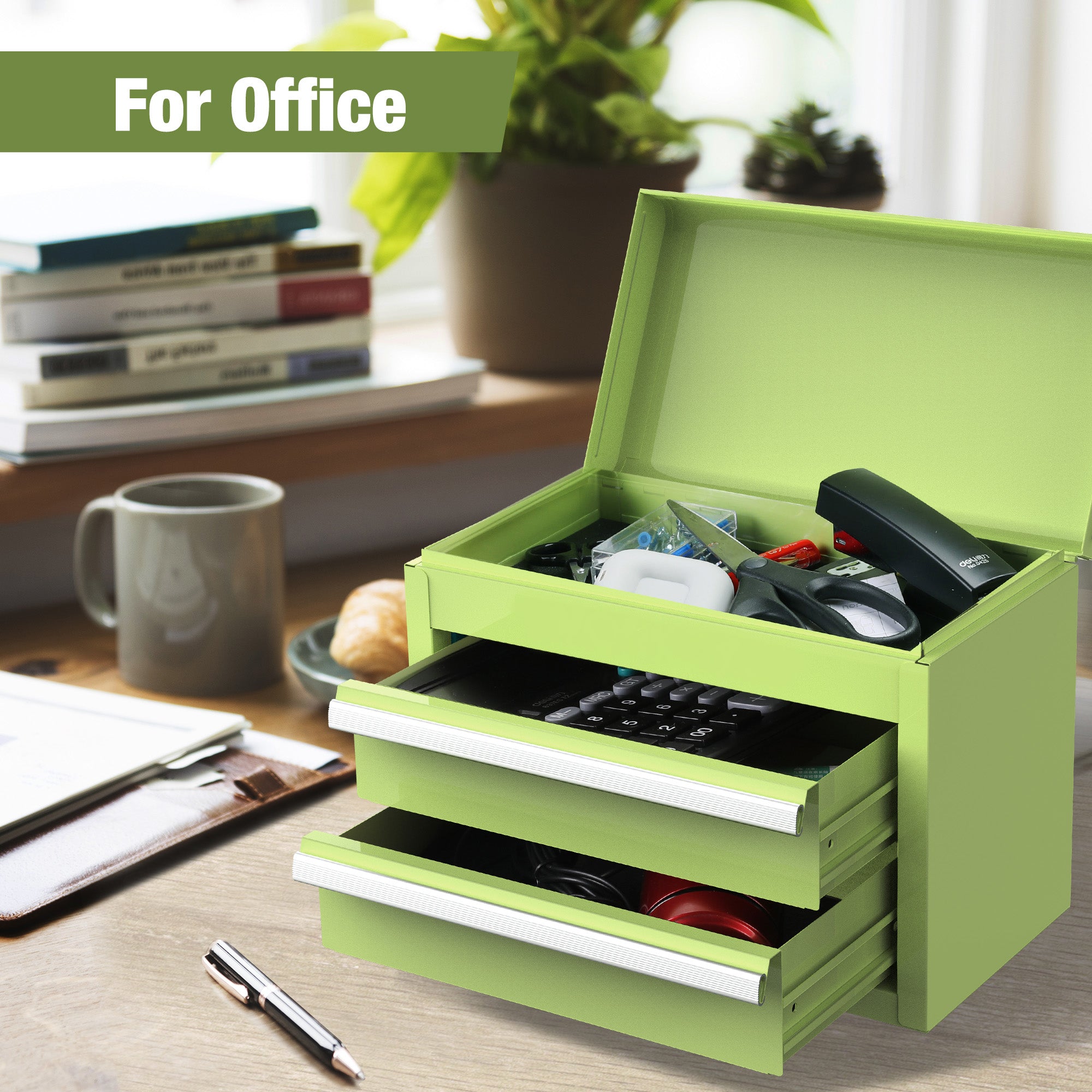 WORKPRO Mini Metal Tool Box with 2 Drawers and Top Storage, Macaron Green