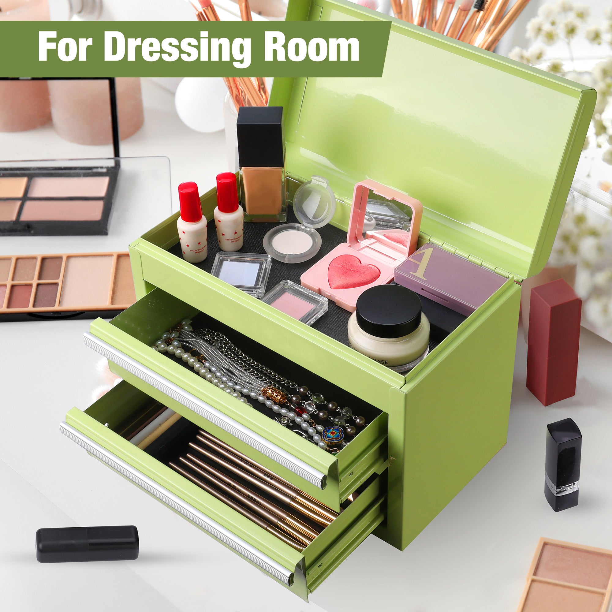WORKPRO Mini Metal Tool Box with 2 Drawers and Top Storage, Macaron Green