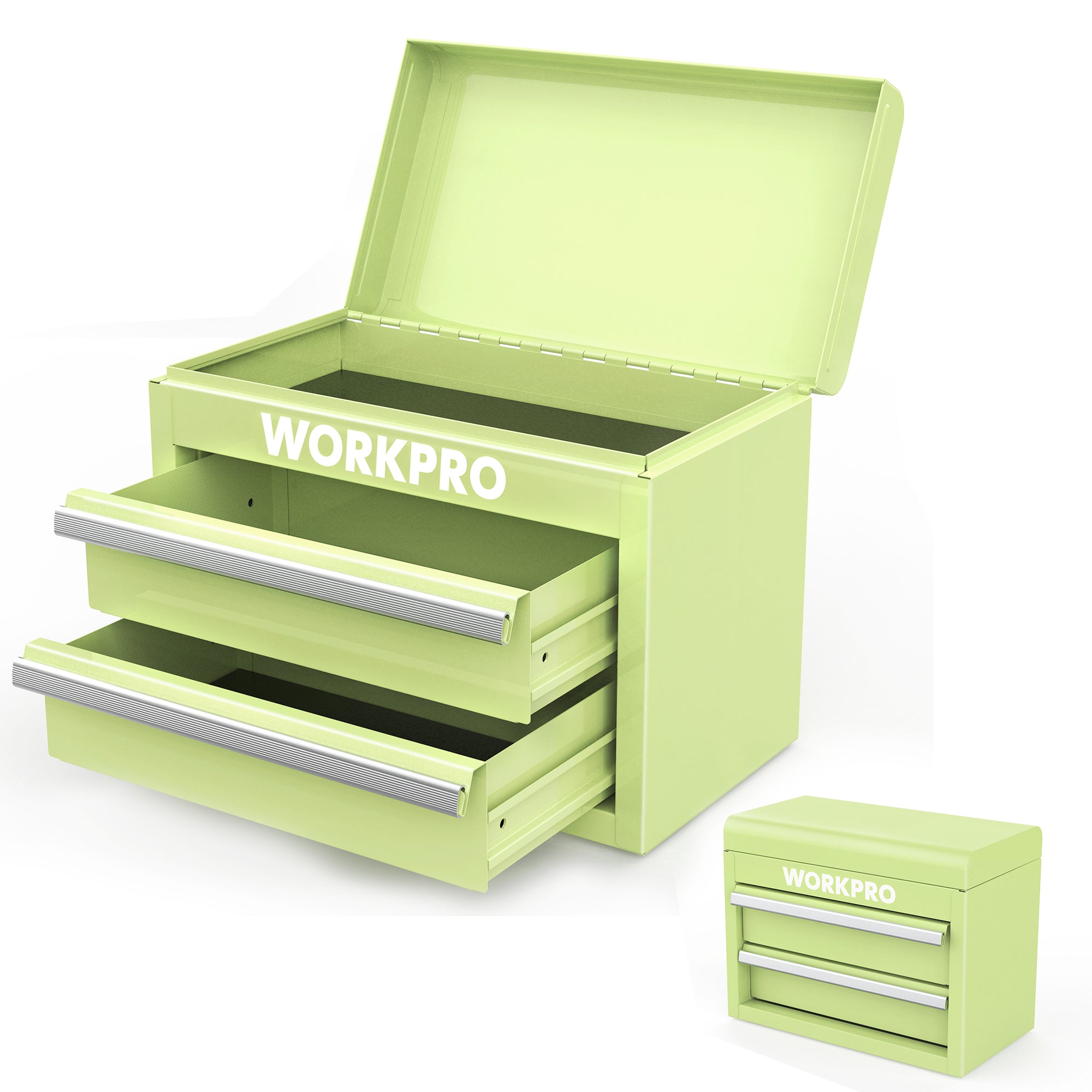 Green mini metal toolbox with two drawers and top storage compartment