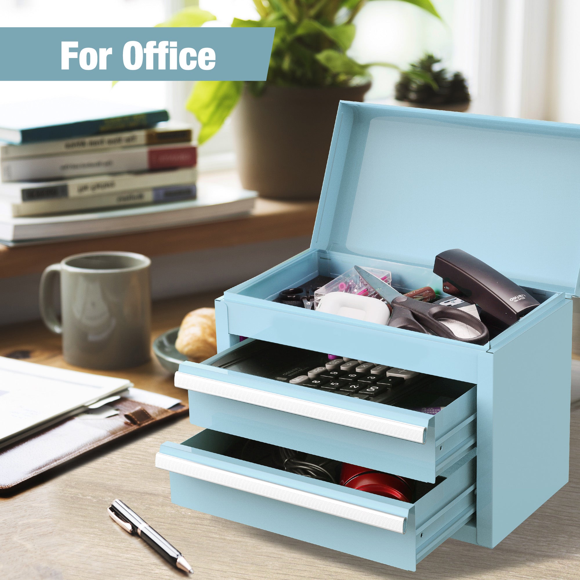 WORKPRO Mini Metal Tool Box with 2 Drawers and Top Storage, Macaron Blue