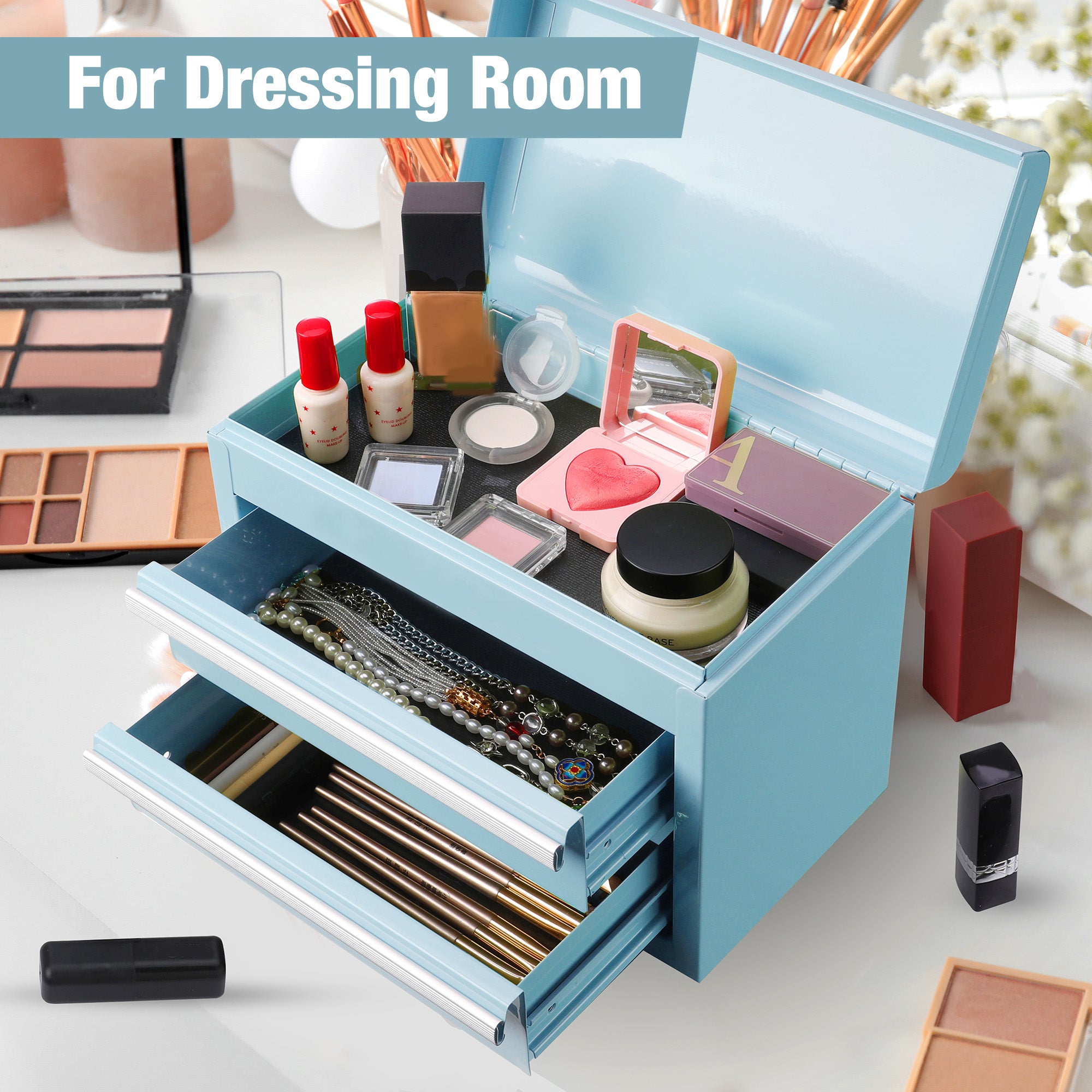 WORKPRO Mini Metal Tool Box with 2 Drawers and Top Storage, Macaron Blue