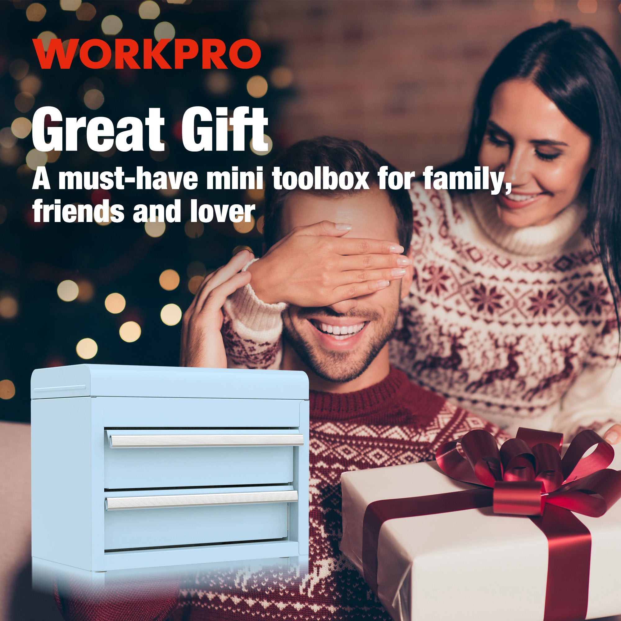 WORKPRO Mini Metal Tool Box with 2 Drawers and Top Storage, Macaron Blue