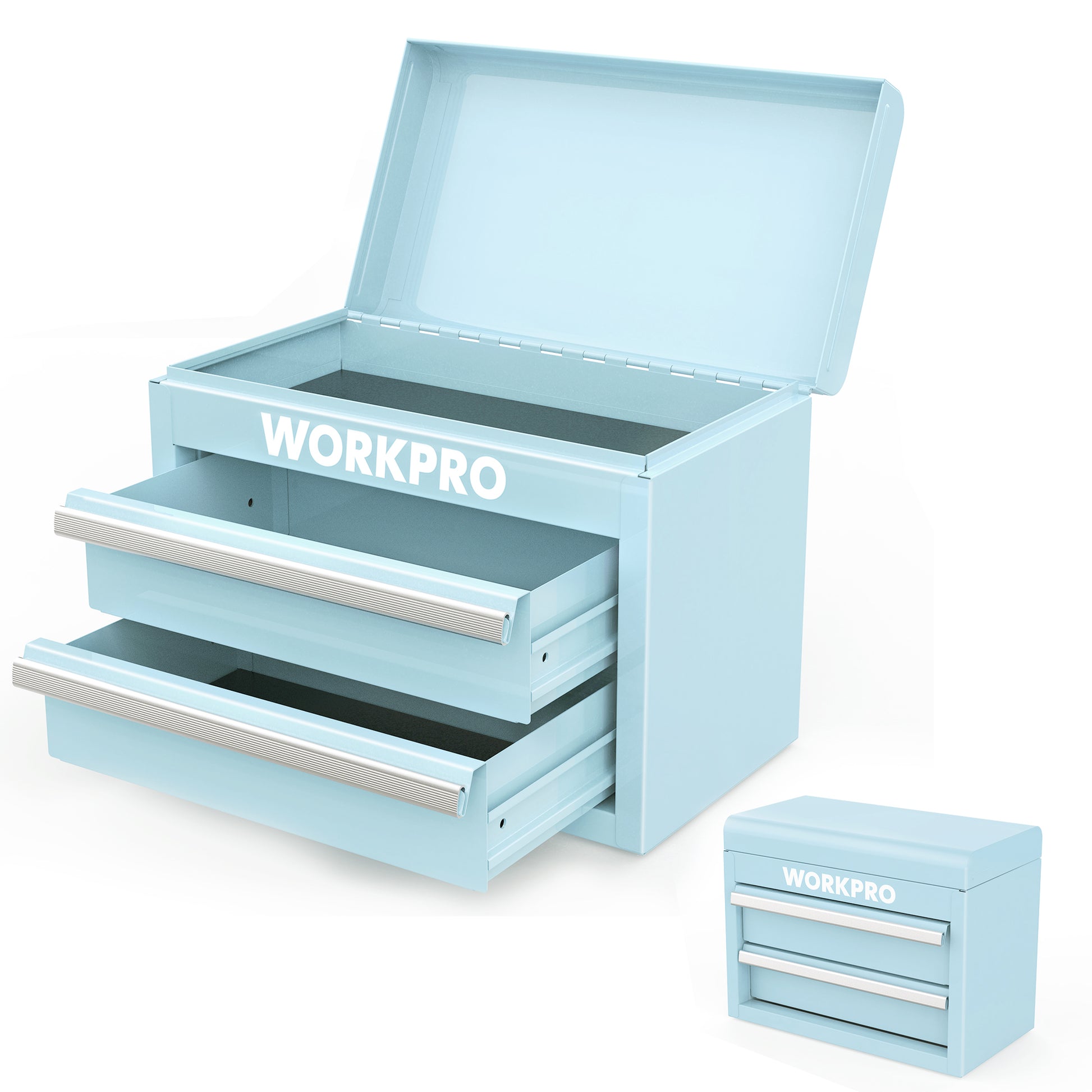 Light blue mini metal toolbox with two drawers and top storage compartment