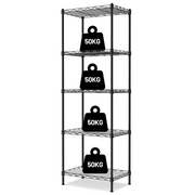 Black 5-tier metal storage rack with wire shelves for stacked load support