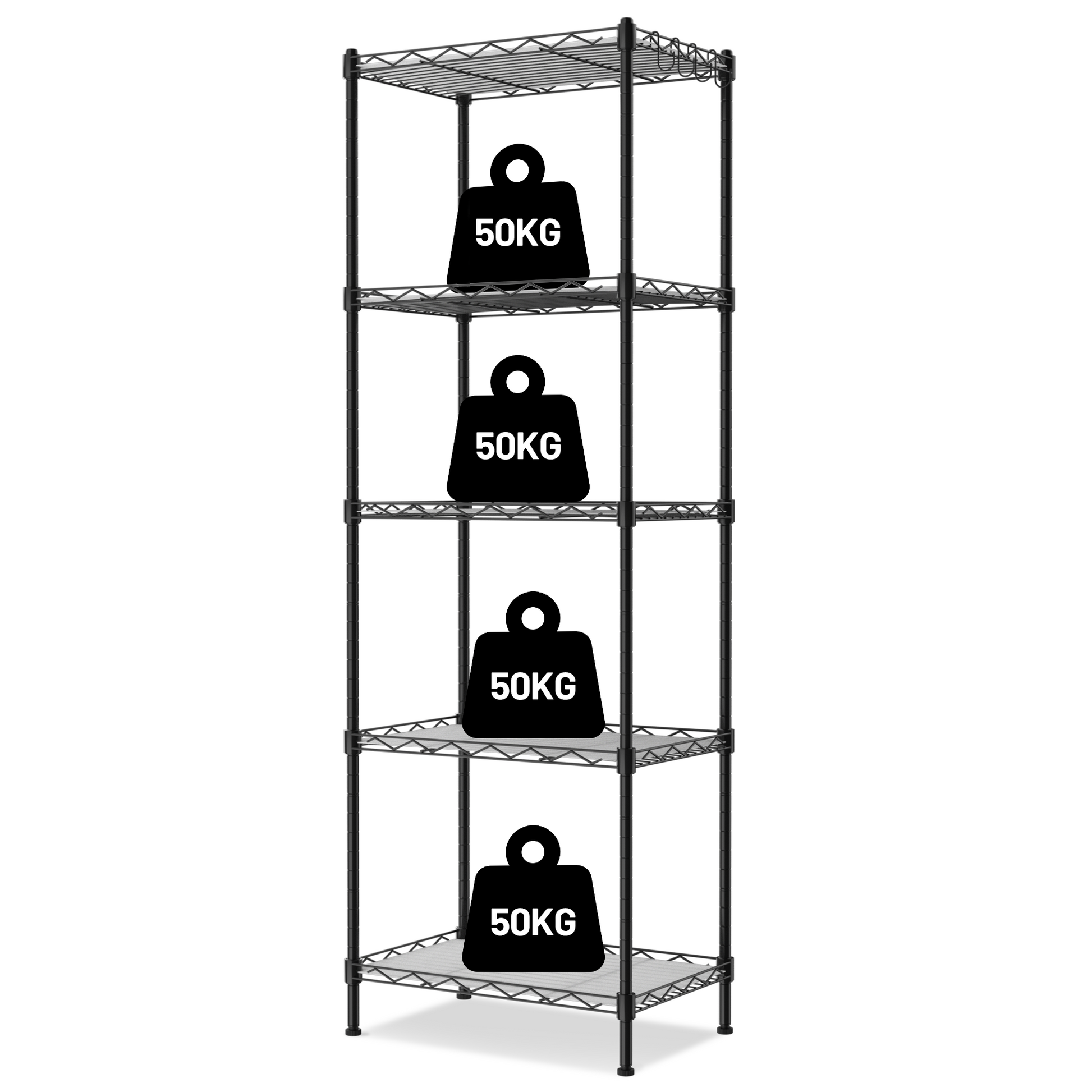Black 5-tier metal storage rack with wire shelves for stacked load support