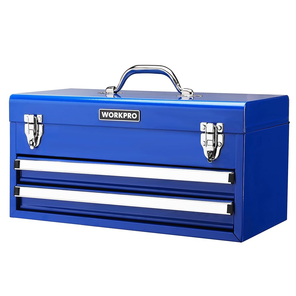 WORKPRO 18 Inch Portable Metal Tool Box with 2 Drawers and 1 Top Storage, Metal Latch and Liner, 100 LBS Load Capacity (Totally)
